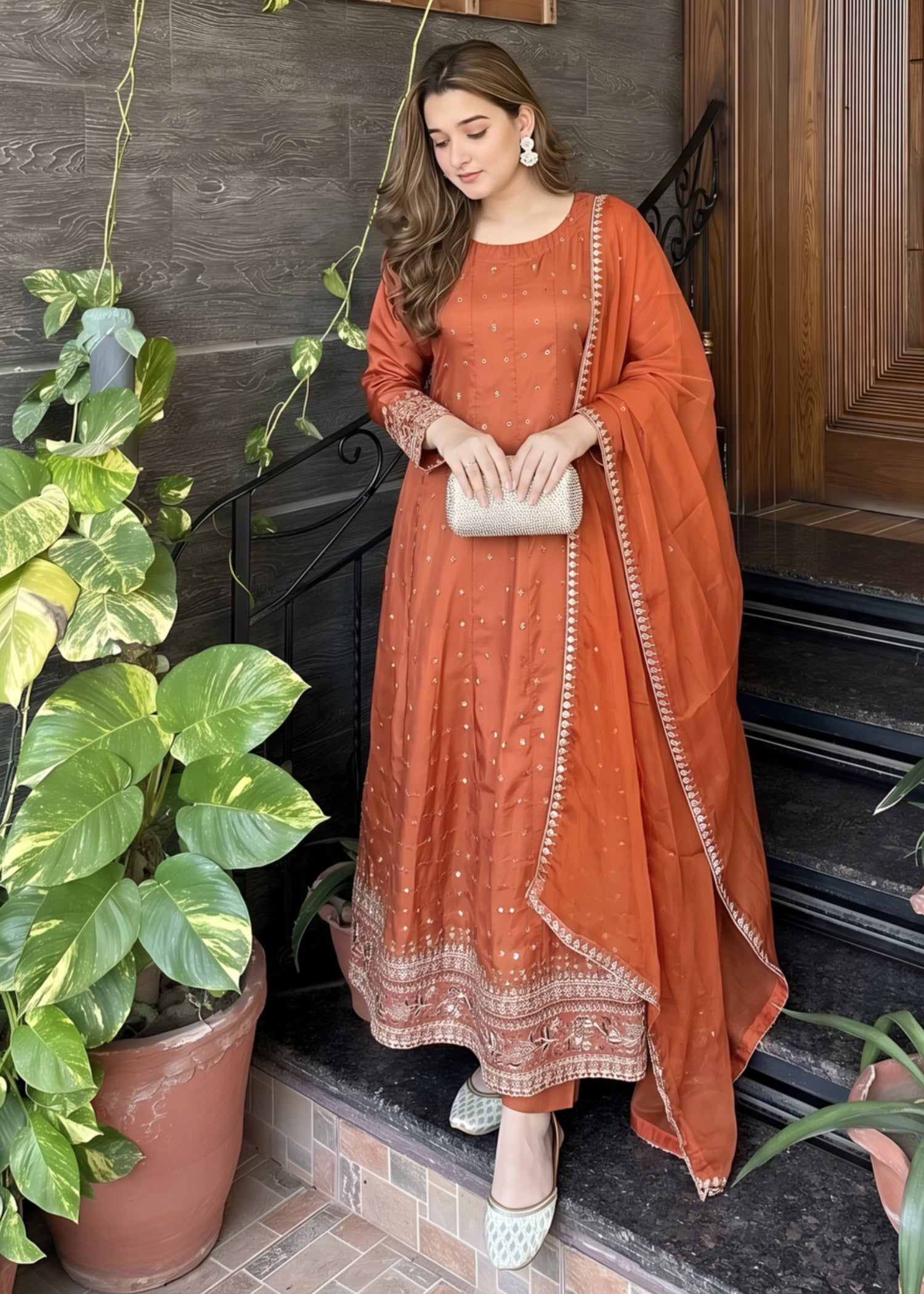 silk Pishwas in Rust orange