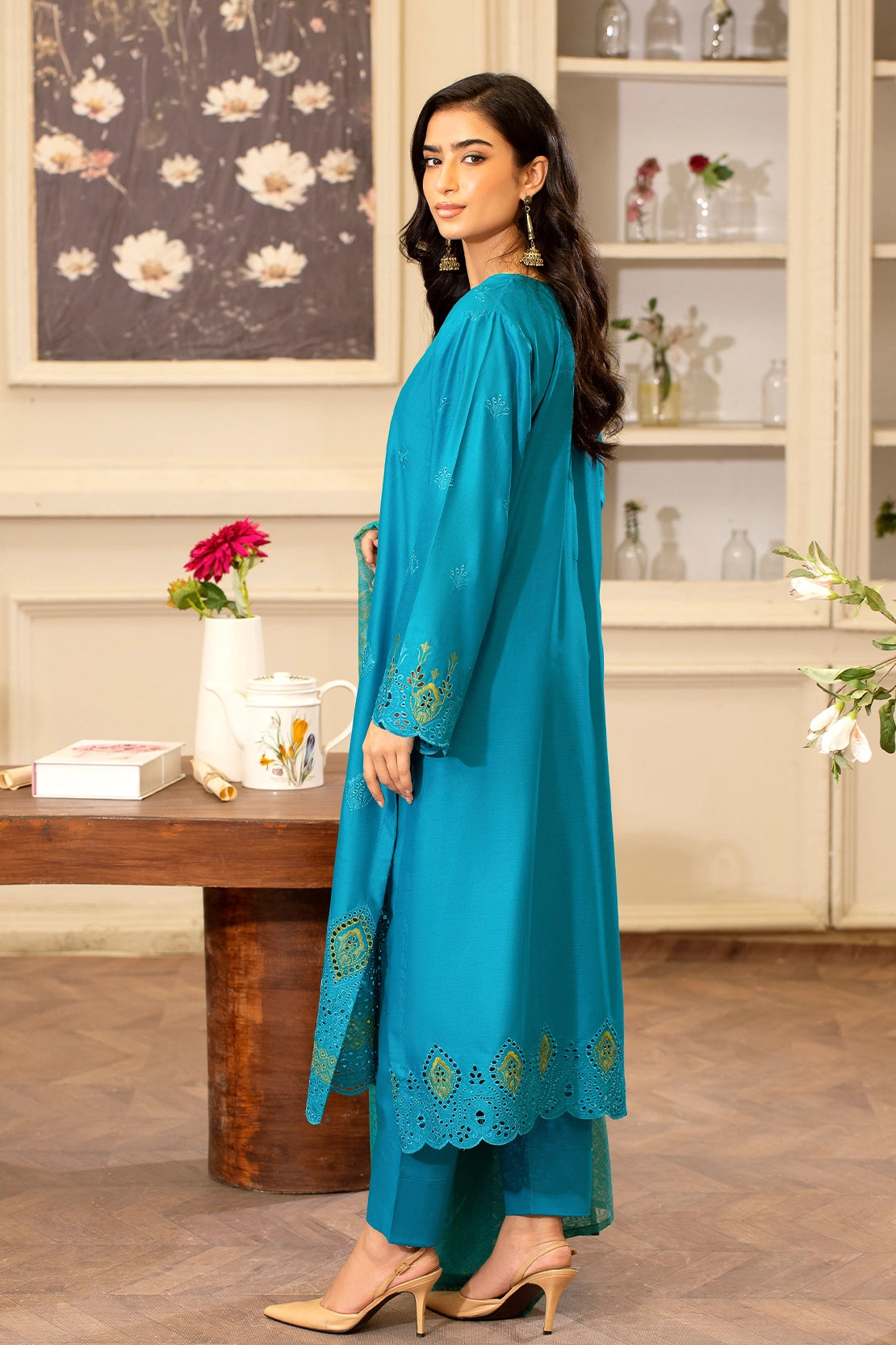 zari lawn Unstitched in Dark cyan