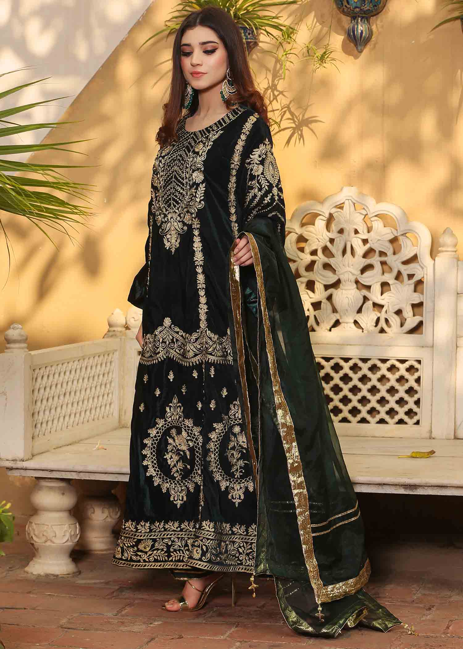 micro polyester velvet Kurti in Bottle green