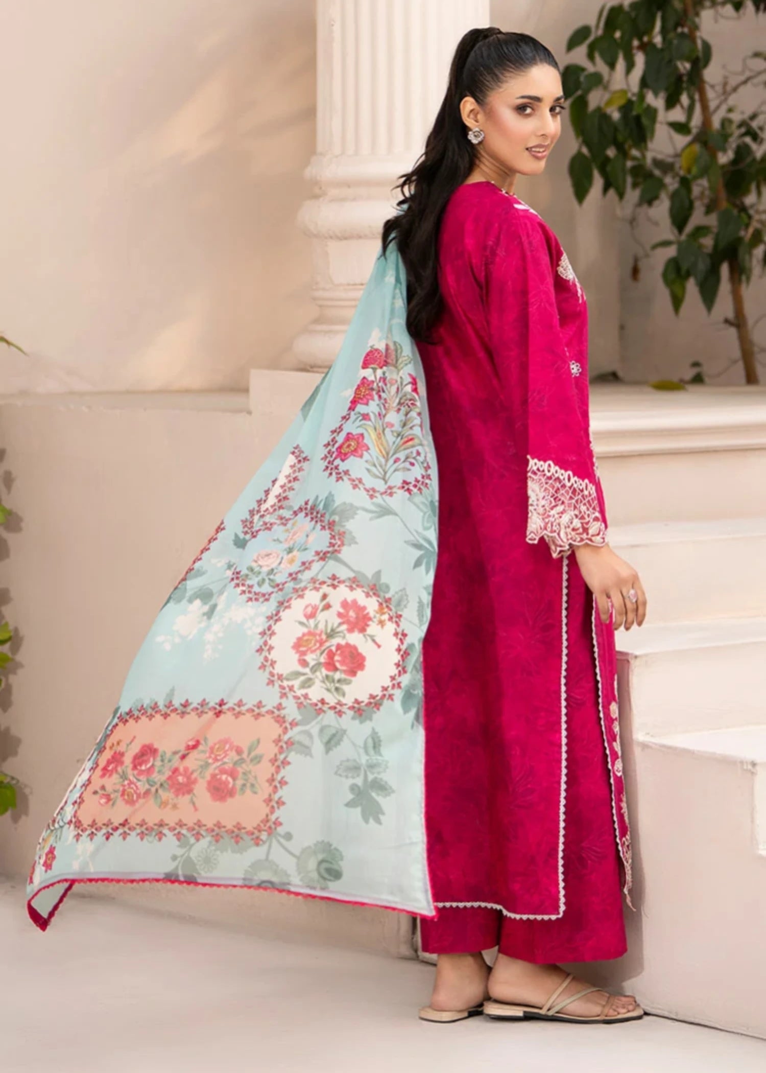 cambric Kurta Set in Shocking pink