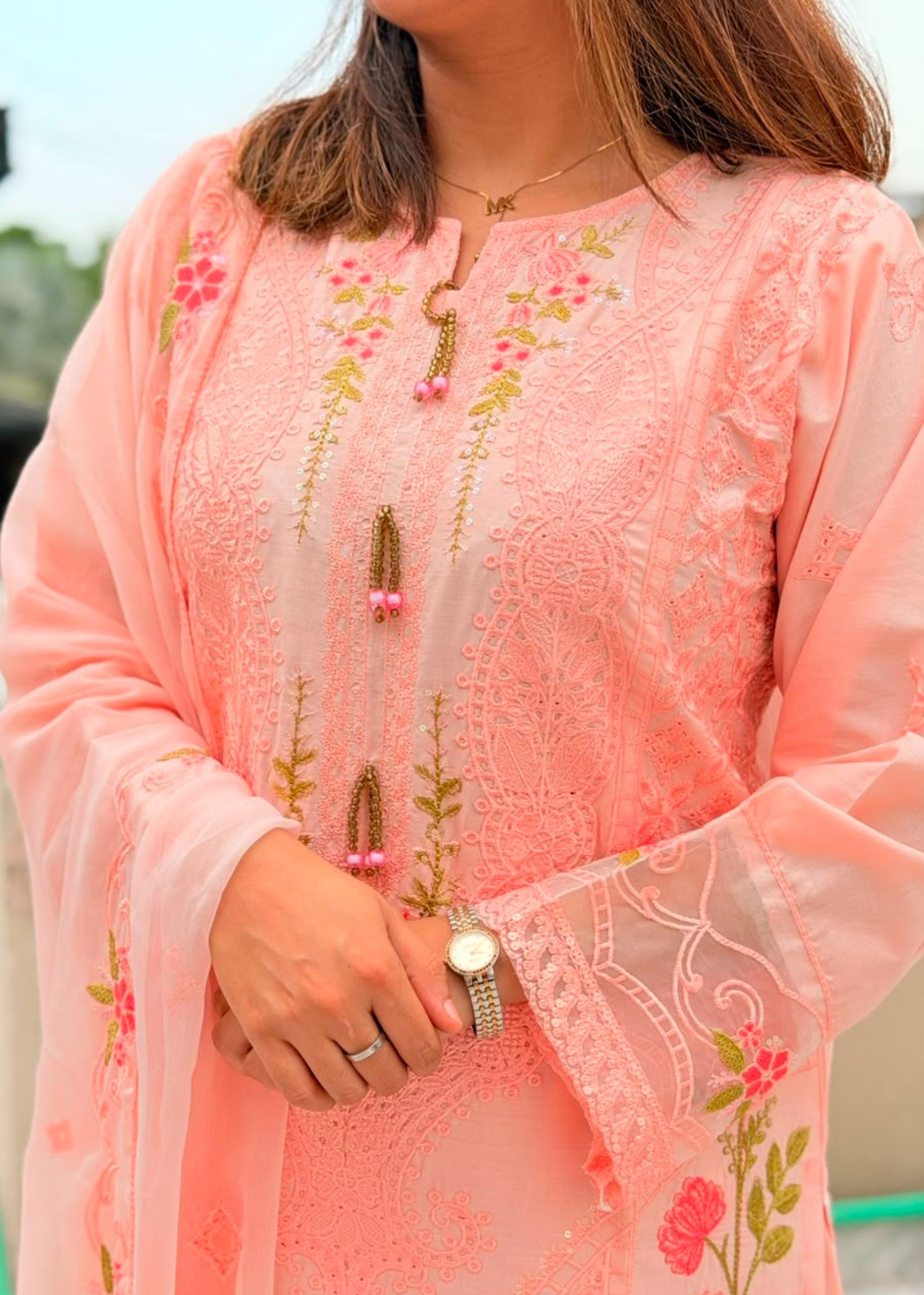 lawn cotton Kurta Set in Peach pink, neon green