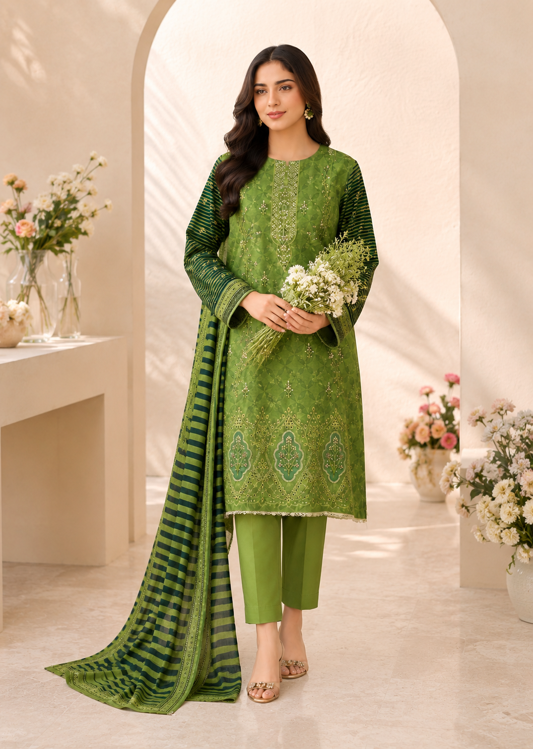 lawn Kurta Set in Lawn green
