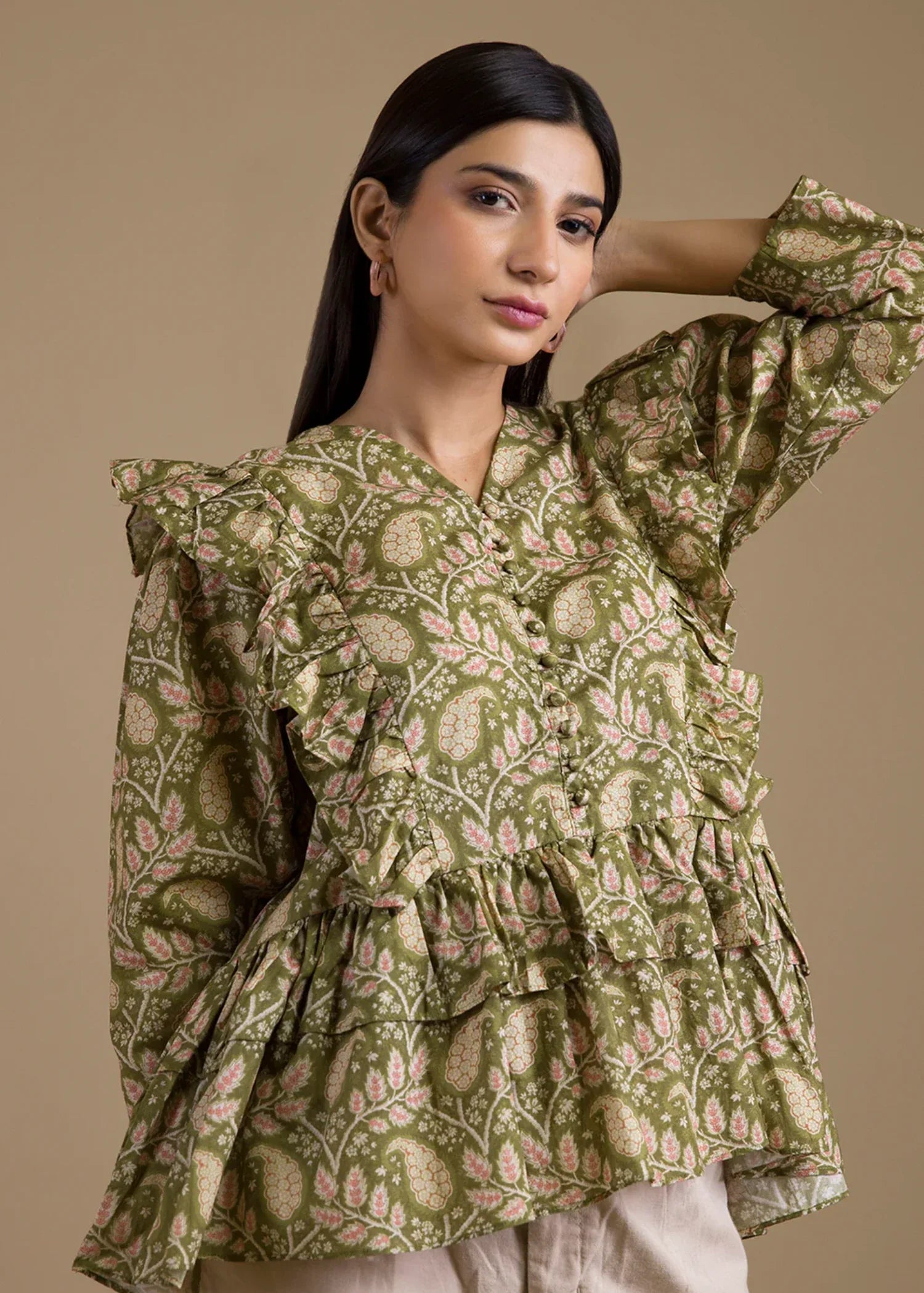 cambric Short Frock in Olive green