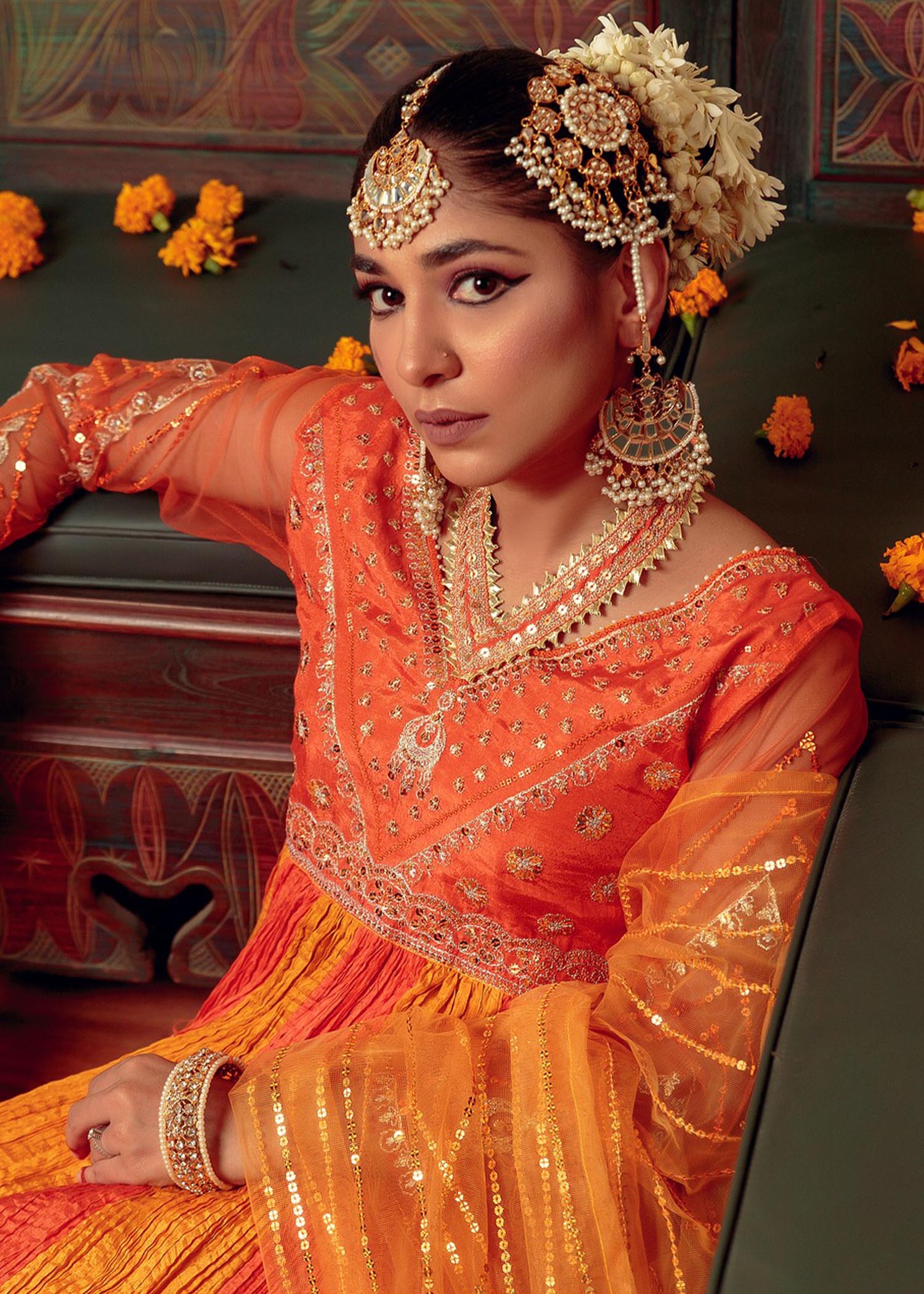 cotton silk Pishwas in Orange