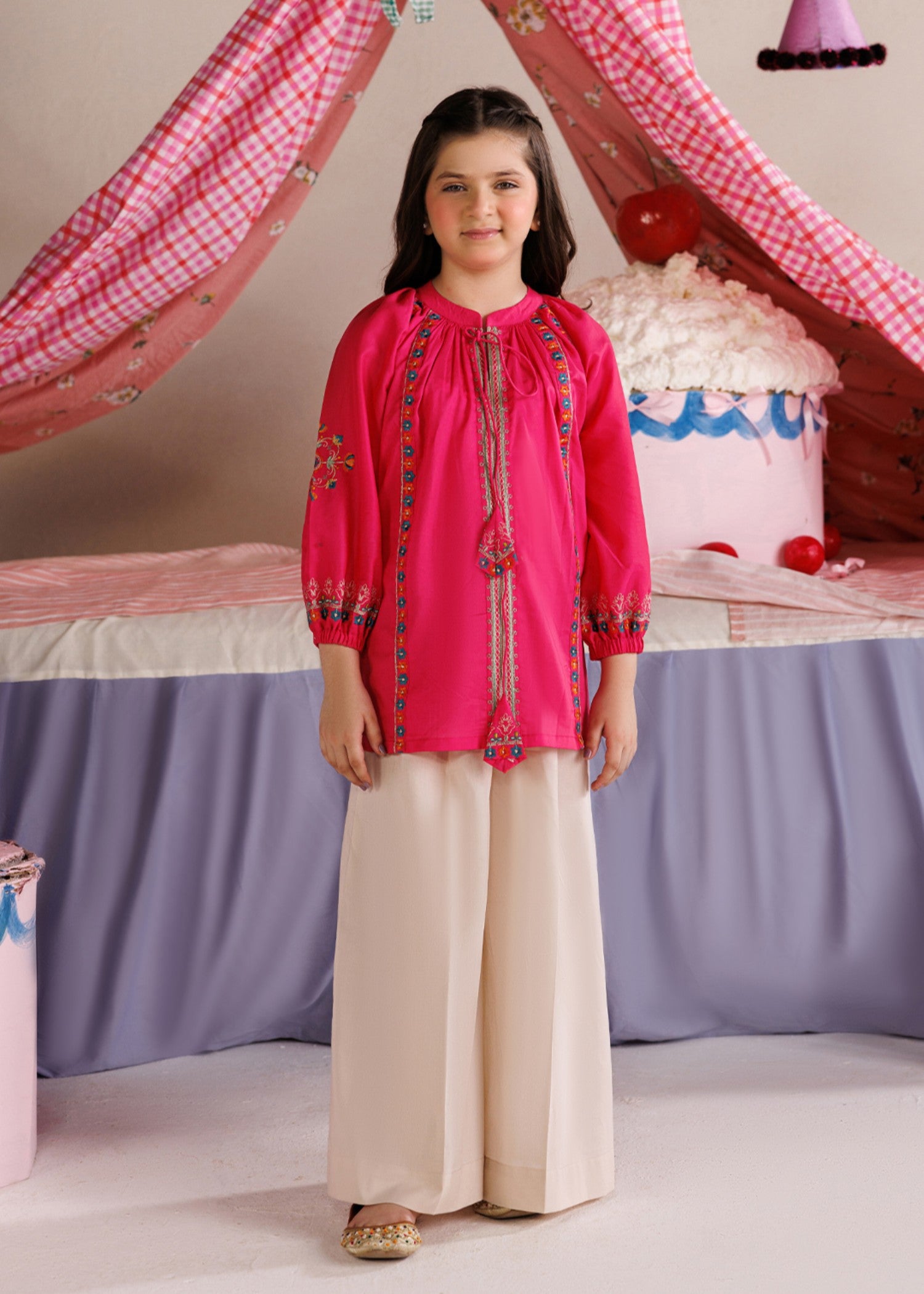 lawn Short Frock in Hot pink