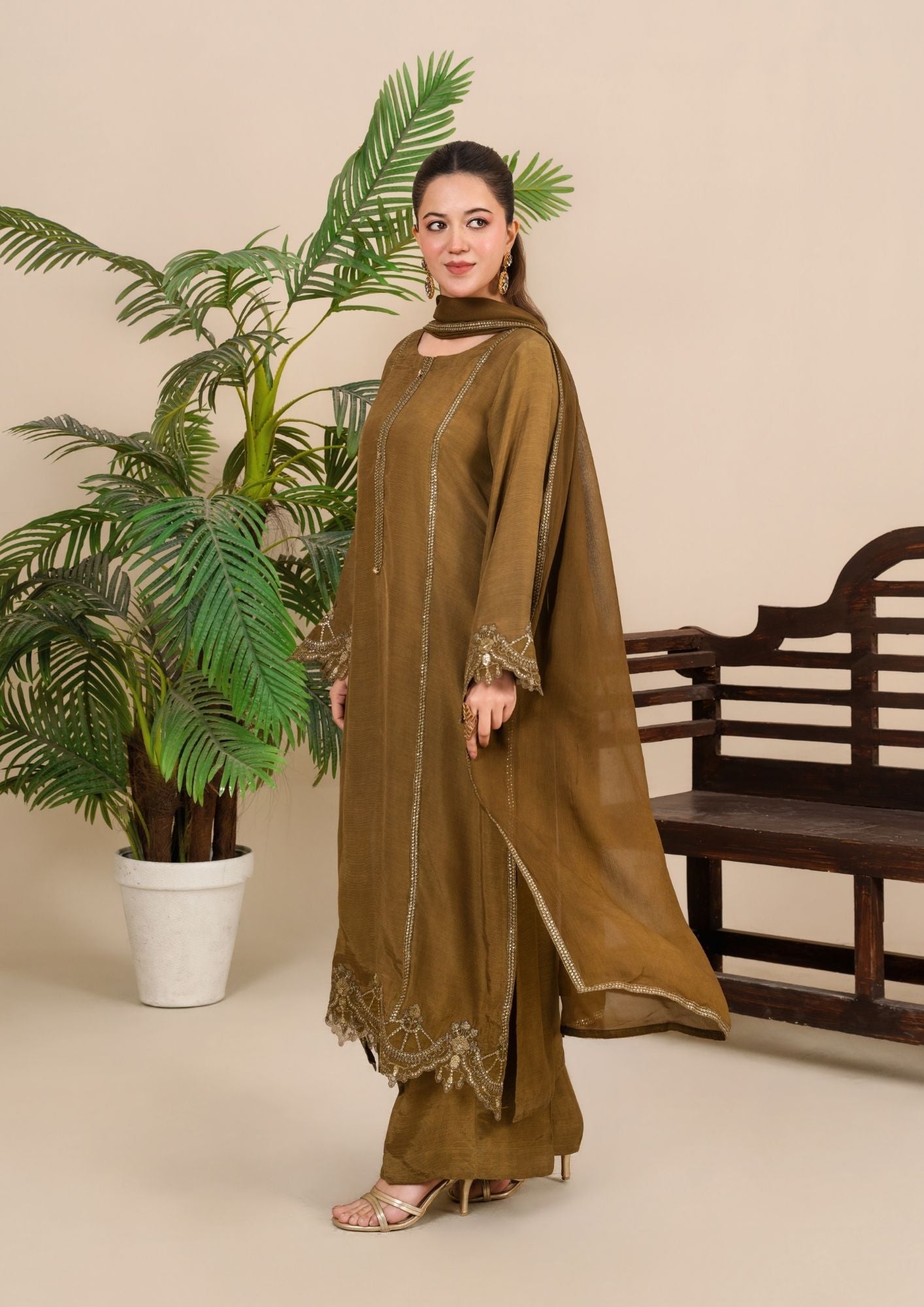viscose raw silk Kurta Set in Golden brown