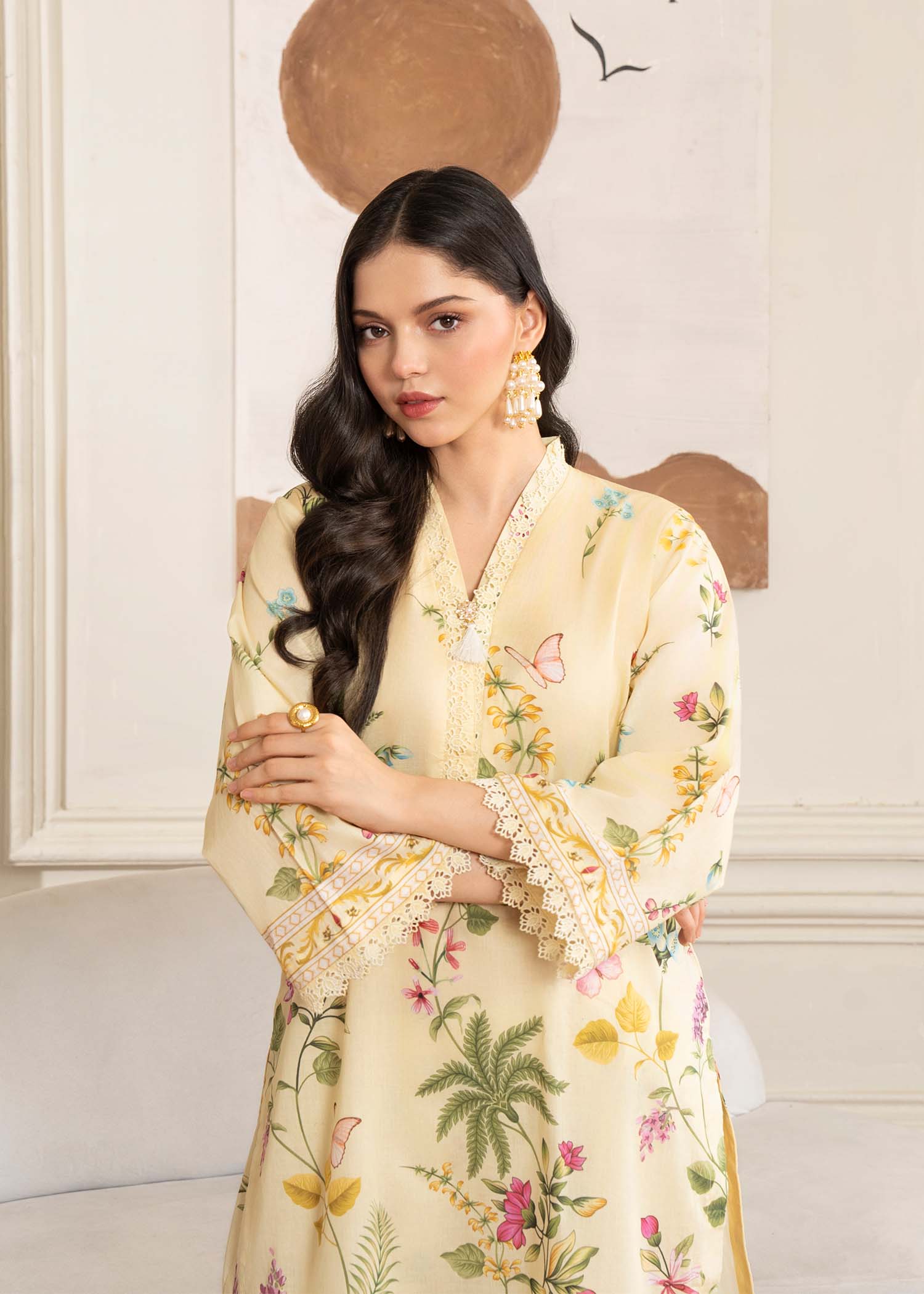 silk finish lawn Kurta Set in Light yellow