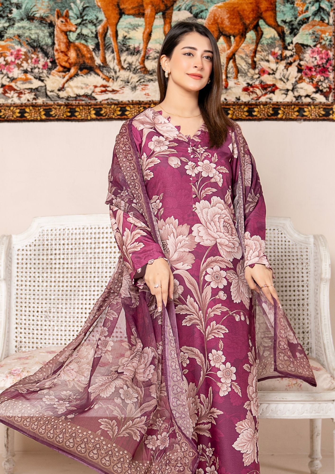 arabic lawn Kurta Set in Rose red