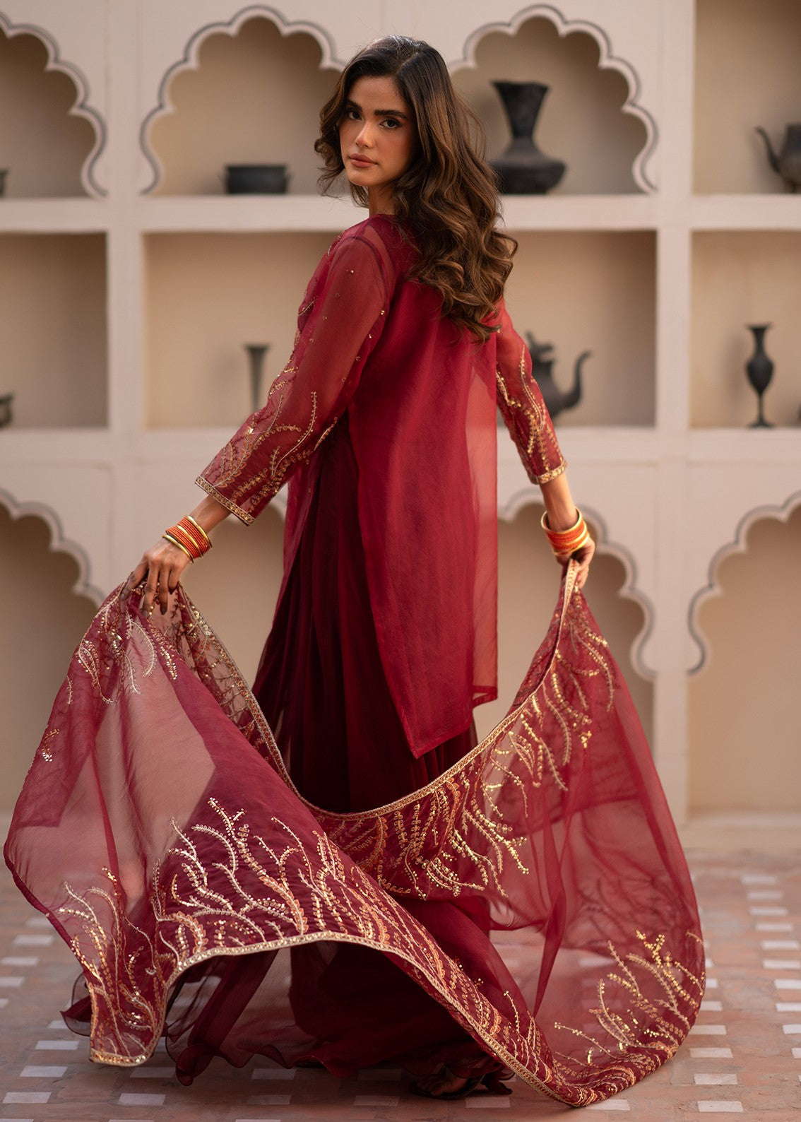 organza Pishwas in Maroon