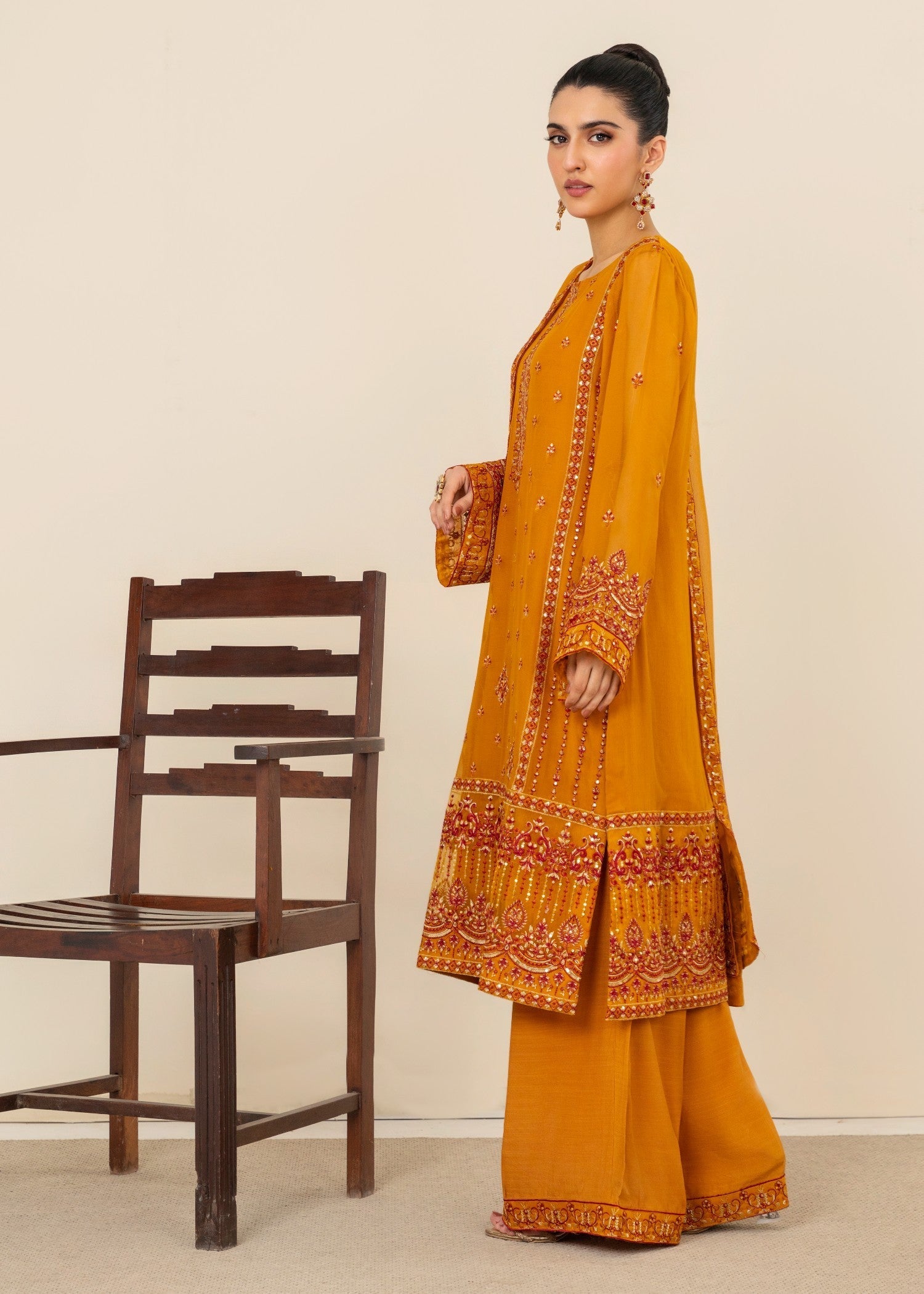 chiffon Kurta Set in Pumpkin orange