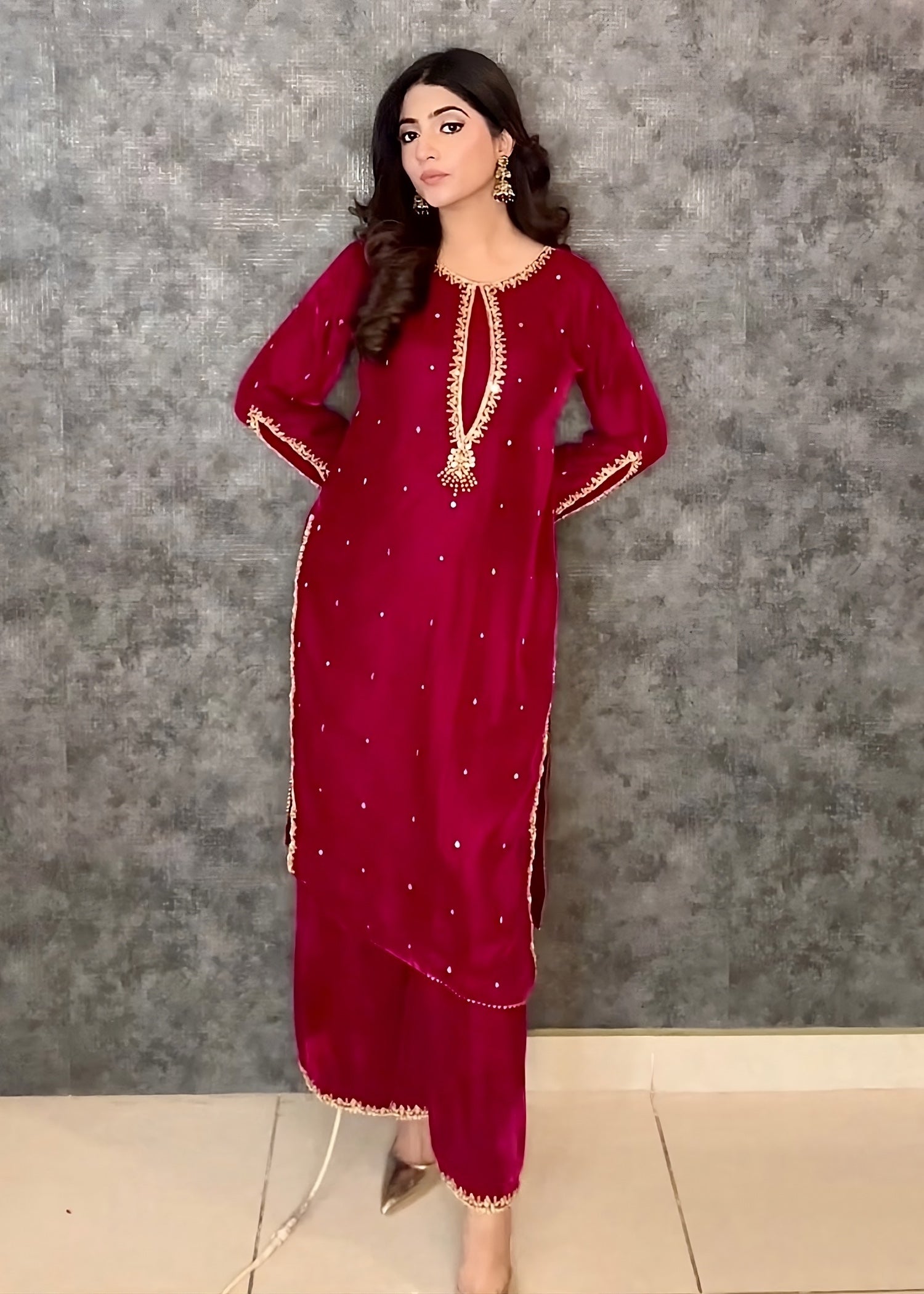 velvet Kurta Set in Raspberry pink