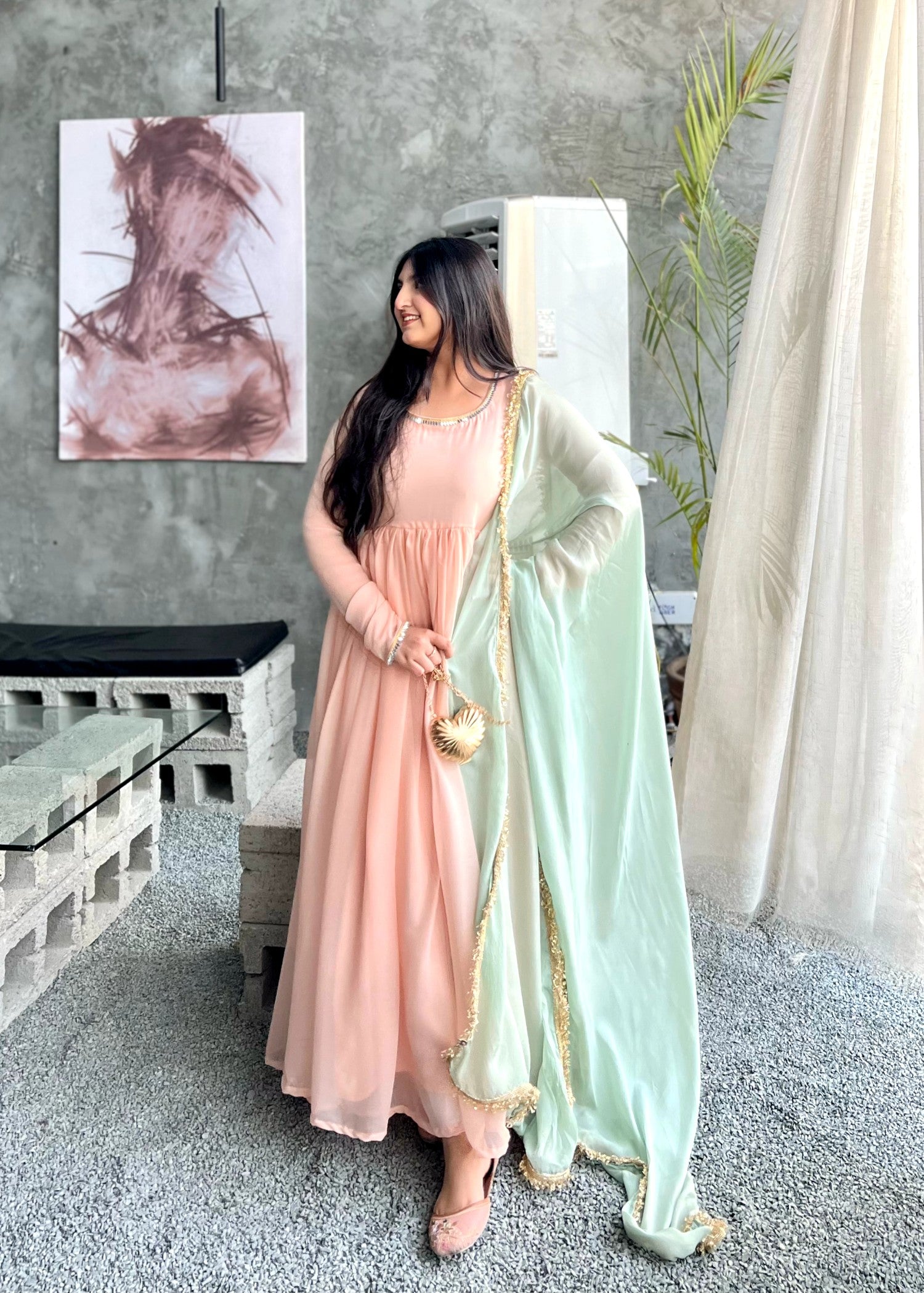 bemberg crinkle chiffon Maxi in Pink, pistachio green
