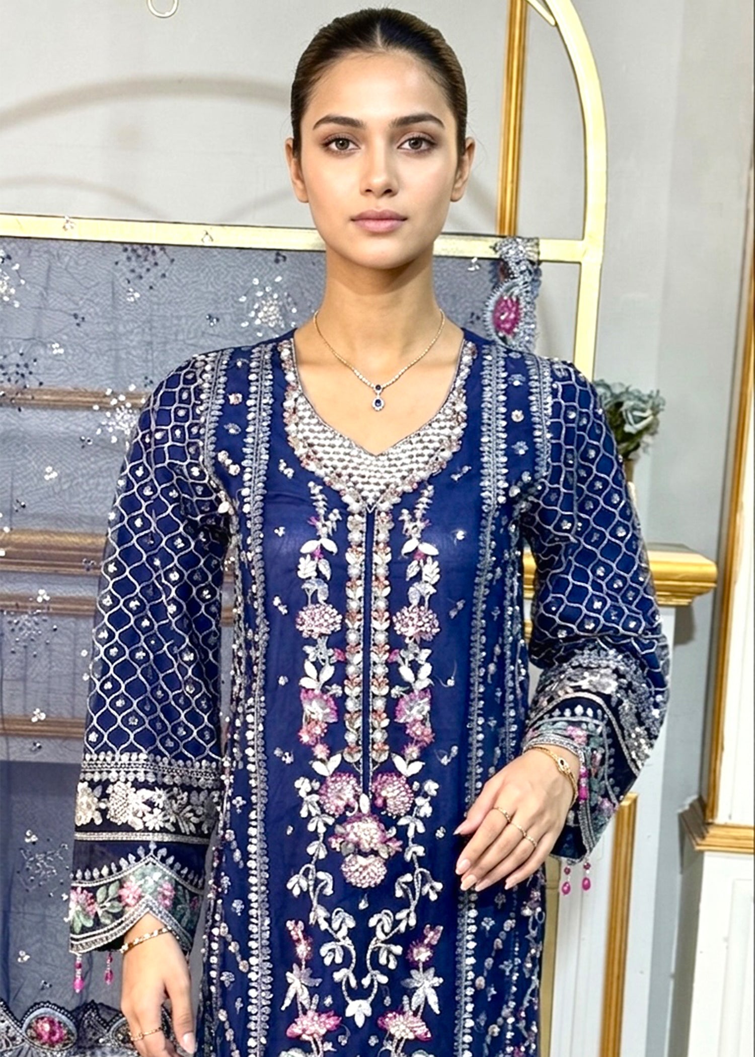 net Kurta Set in Blue