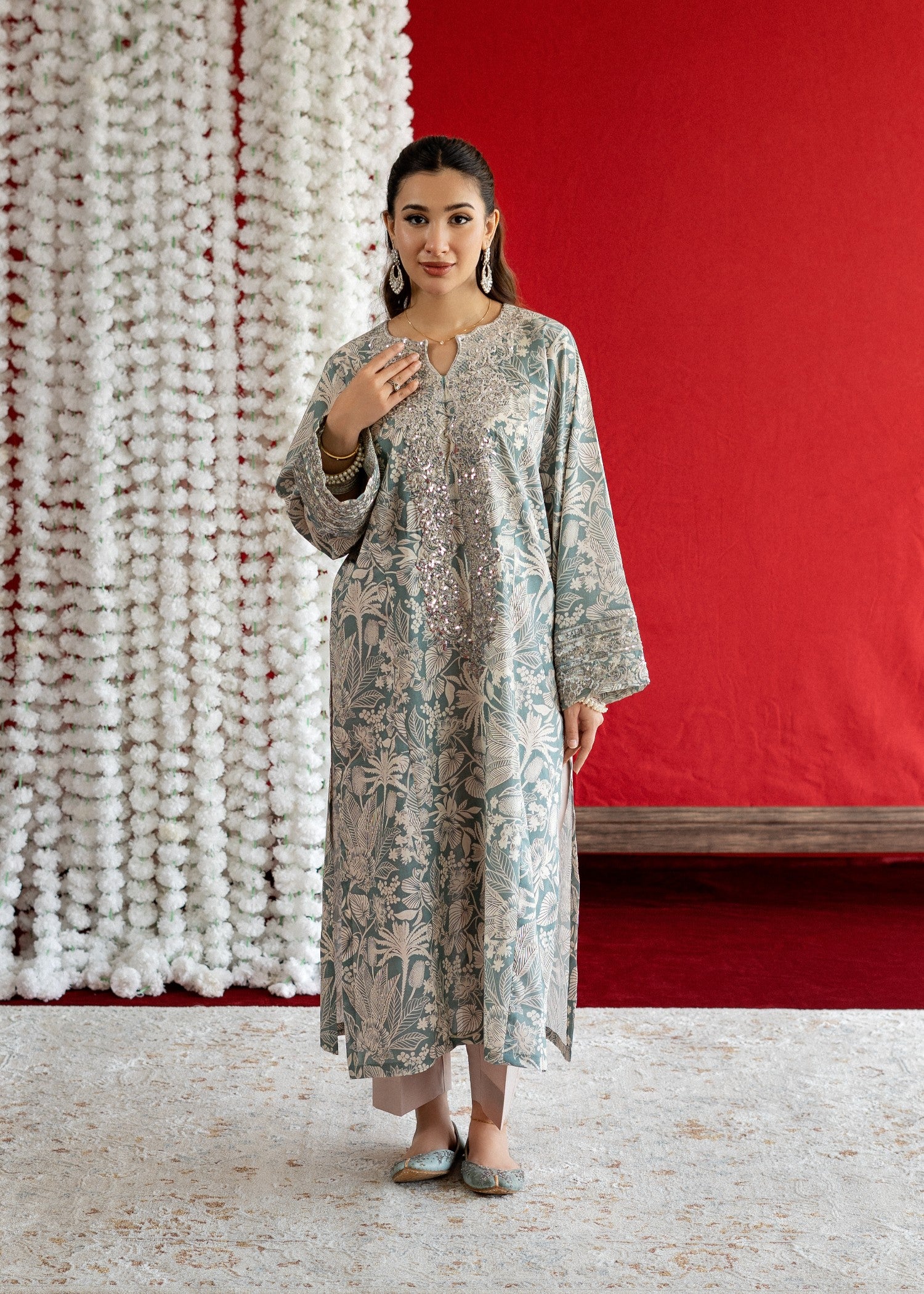 lawn Kurta Set in Duck egg grey