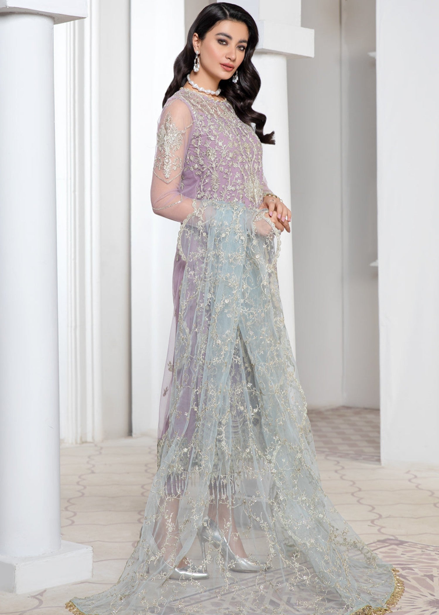net Kurta Set in Purple ash