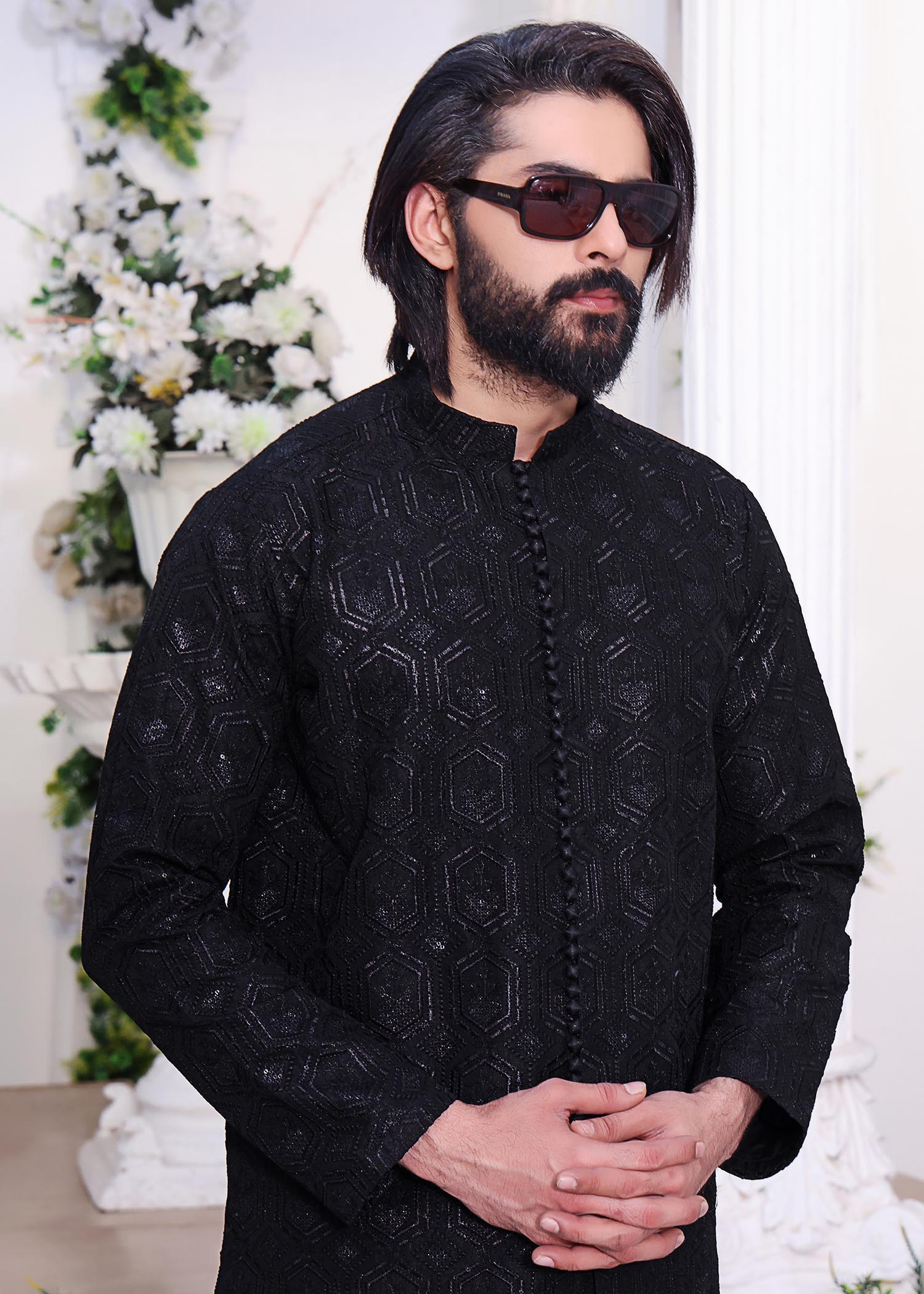 banarsi silk Kurta Set in Black