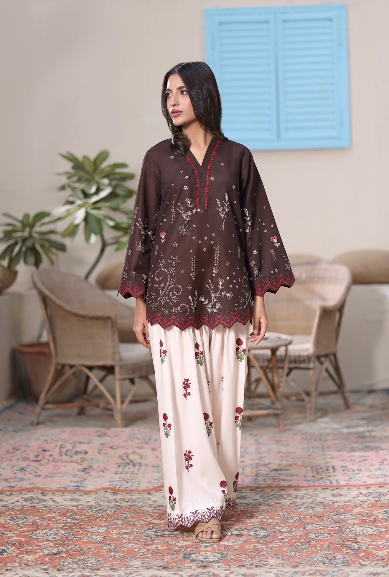 swiss lawn Kurta Set in Coffee brown