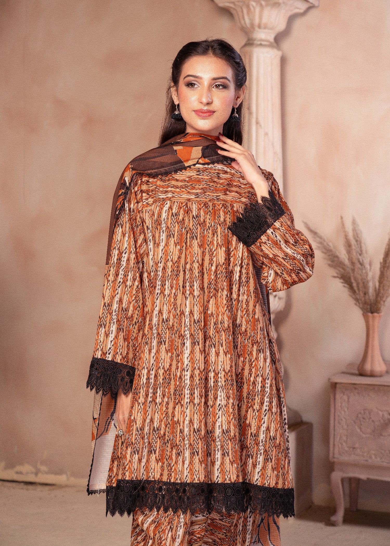 lawn Kurta Set in Brown