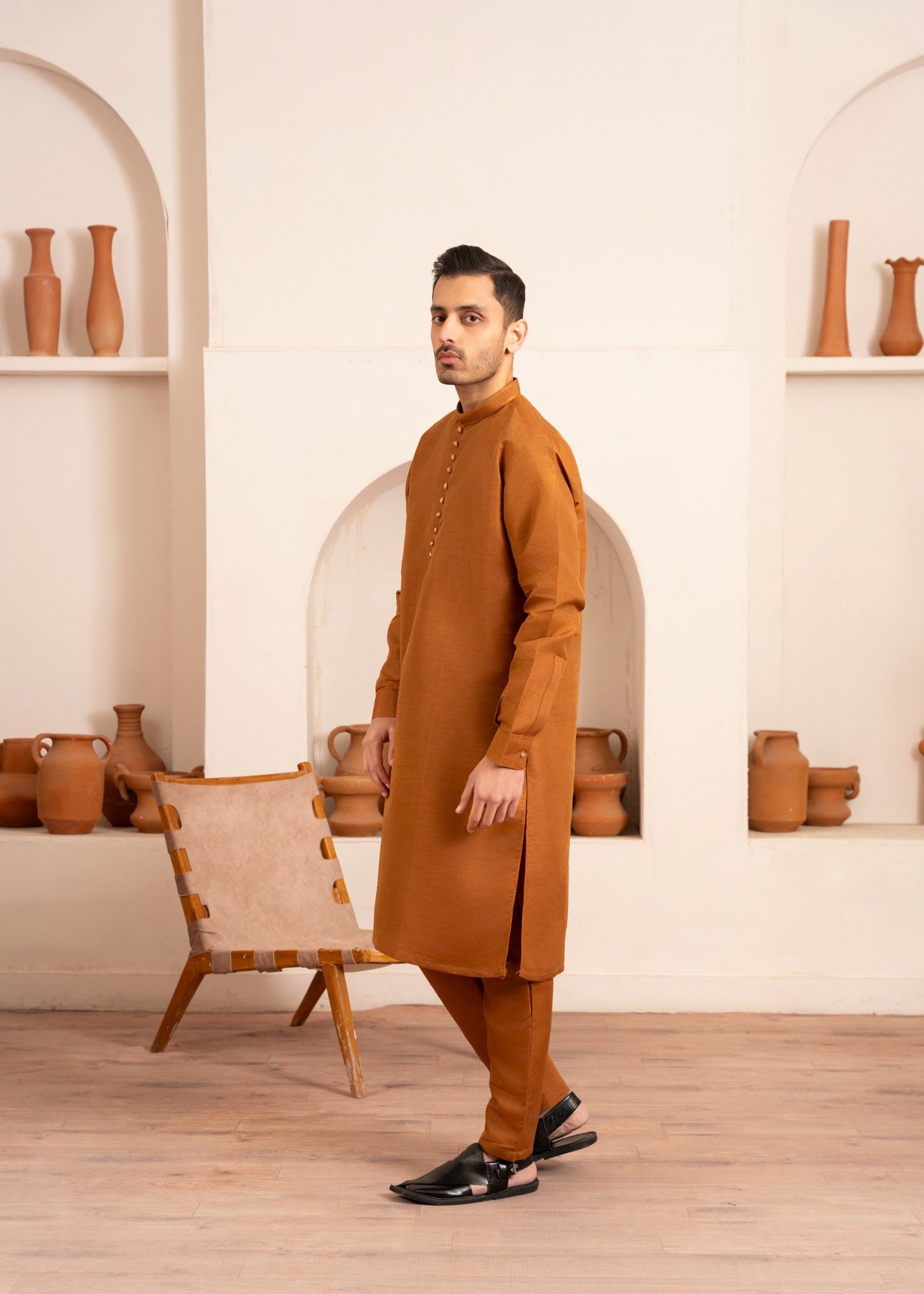 raw silk Kurta Set in Rust orange