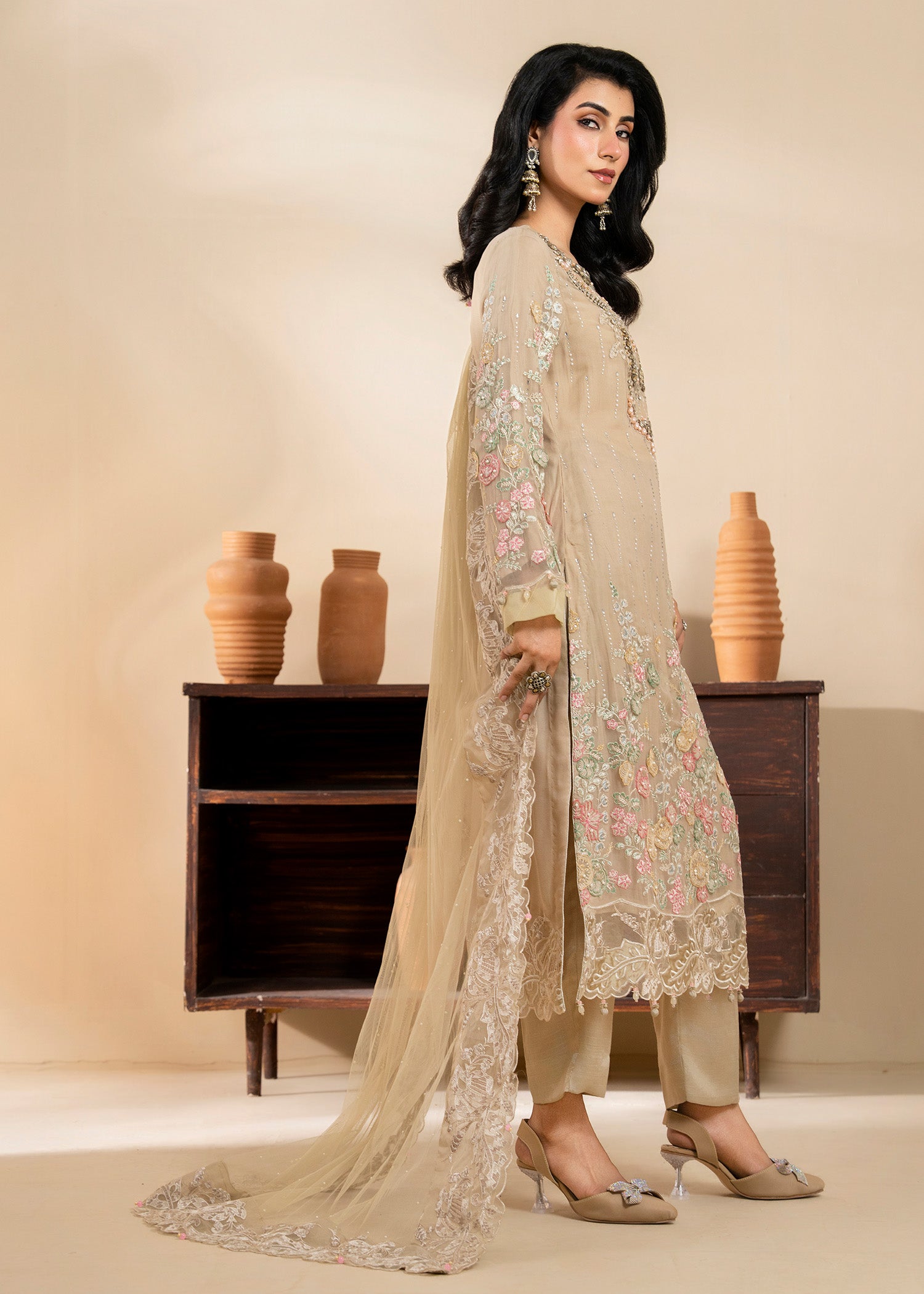 chiffon Kurta Set in Tan brown