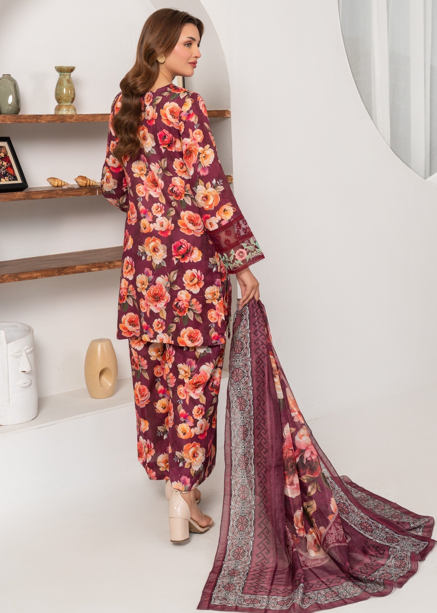 textured lawn Kurta Set in Maroon
