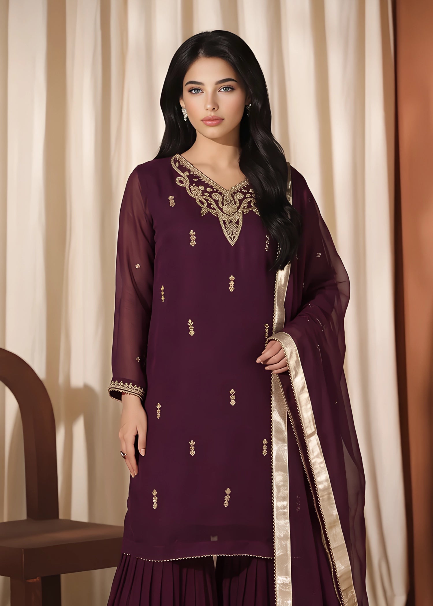 chiffon Gharara in Plum purple