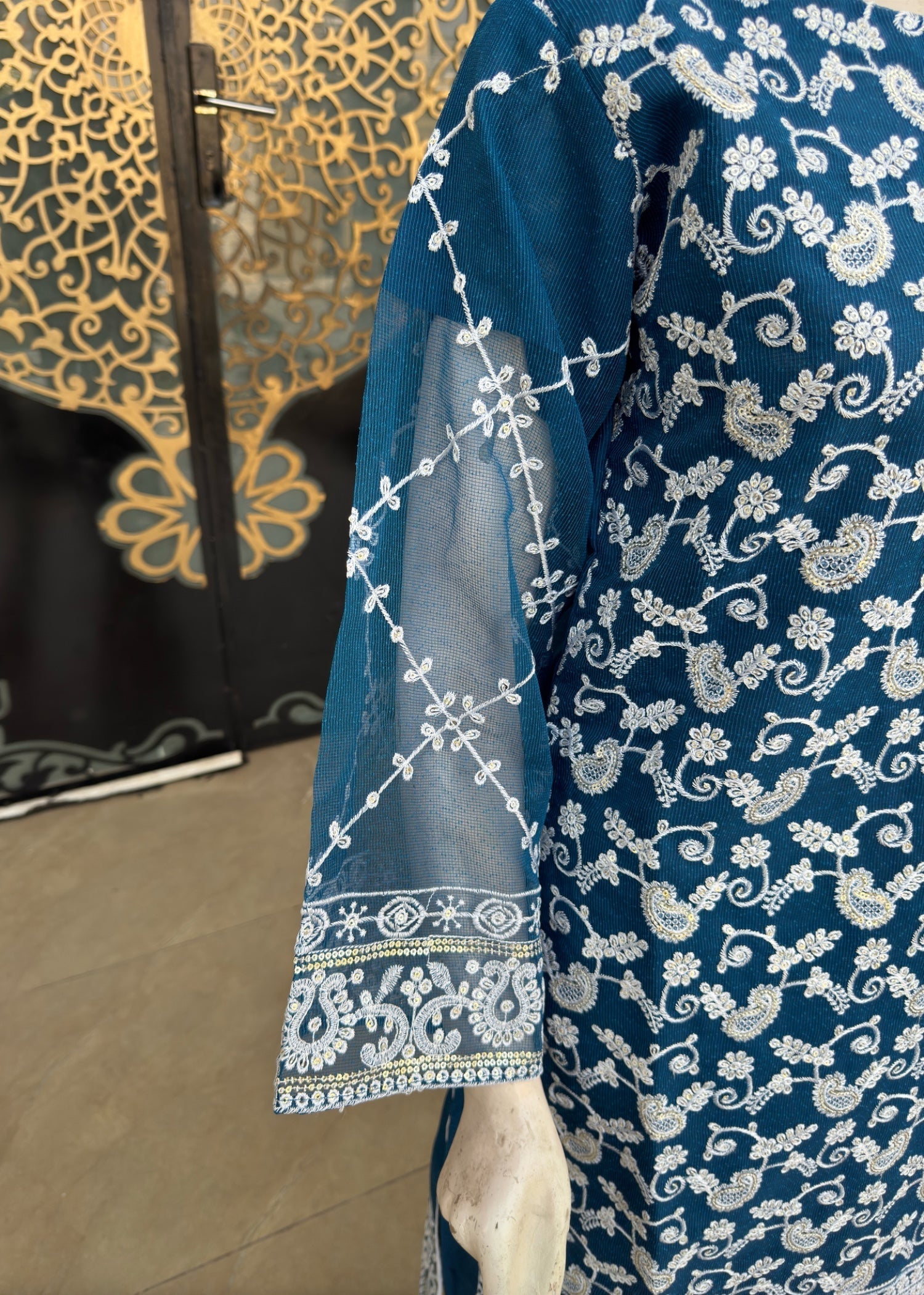 khaddi net Kurta Set in Teal