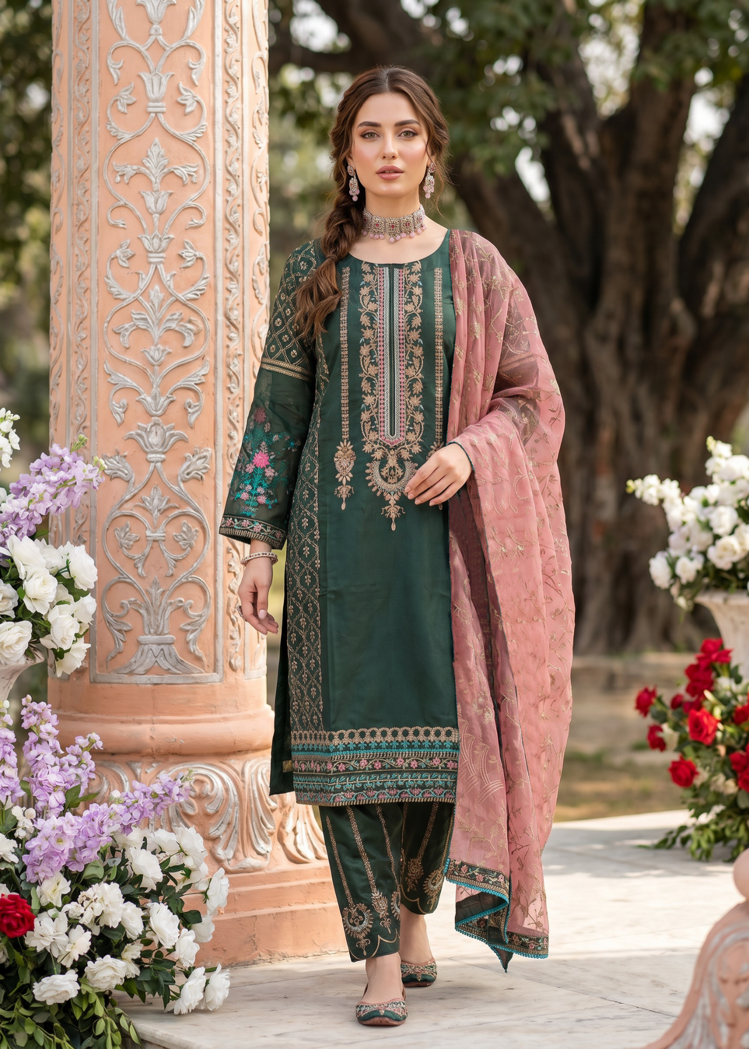 kattan silk Kurta Set in Bottle green, cobalt blue