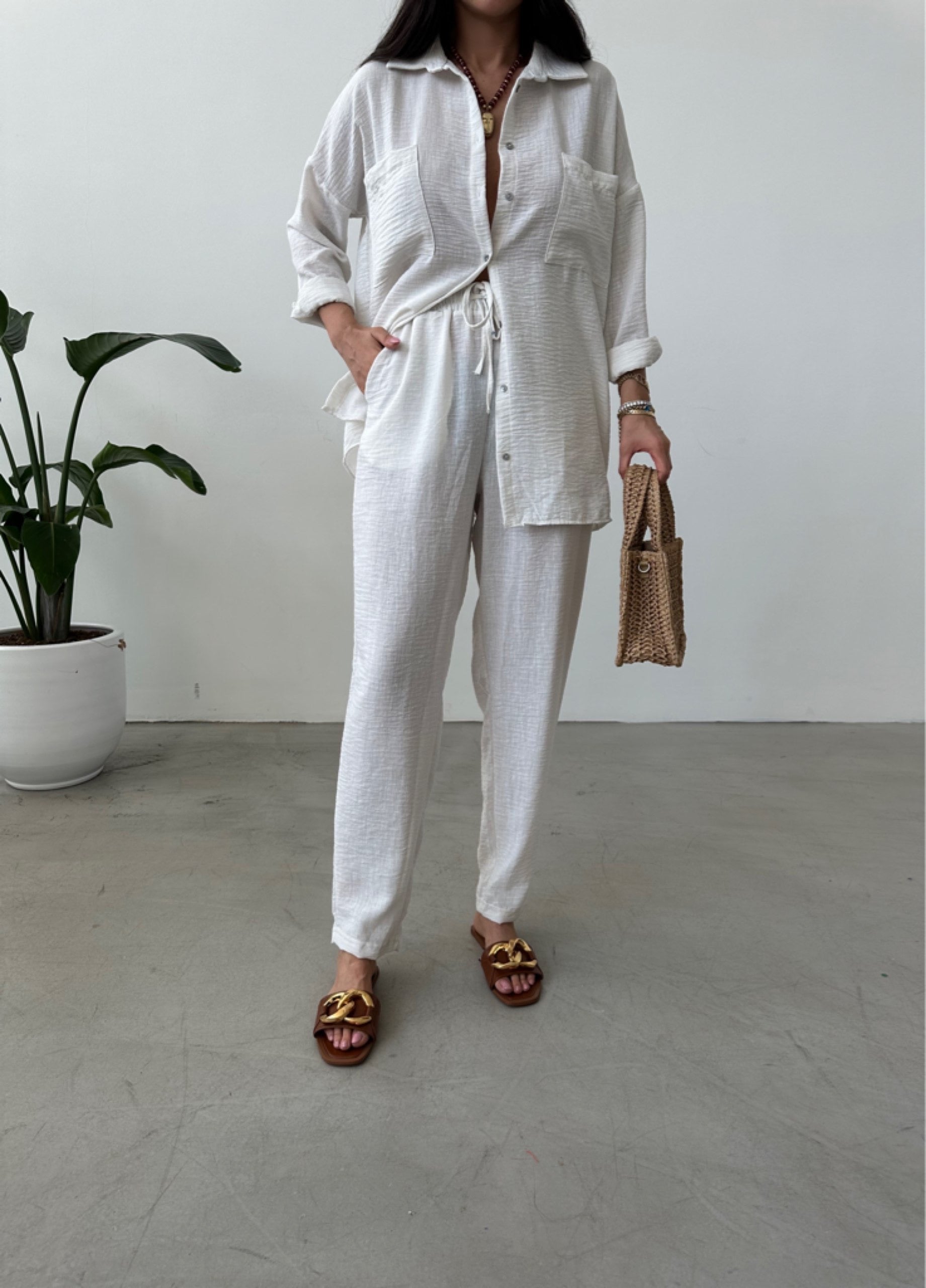 blended linen Co Ord Sets in Ghost white