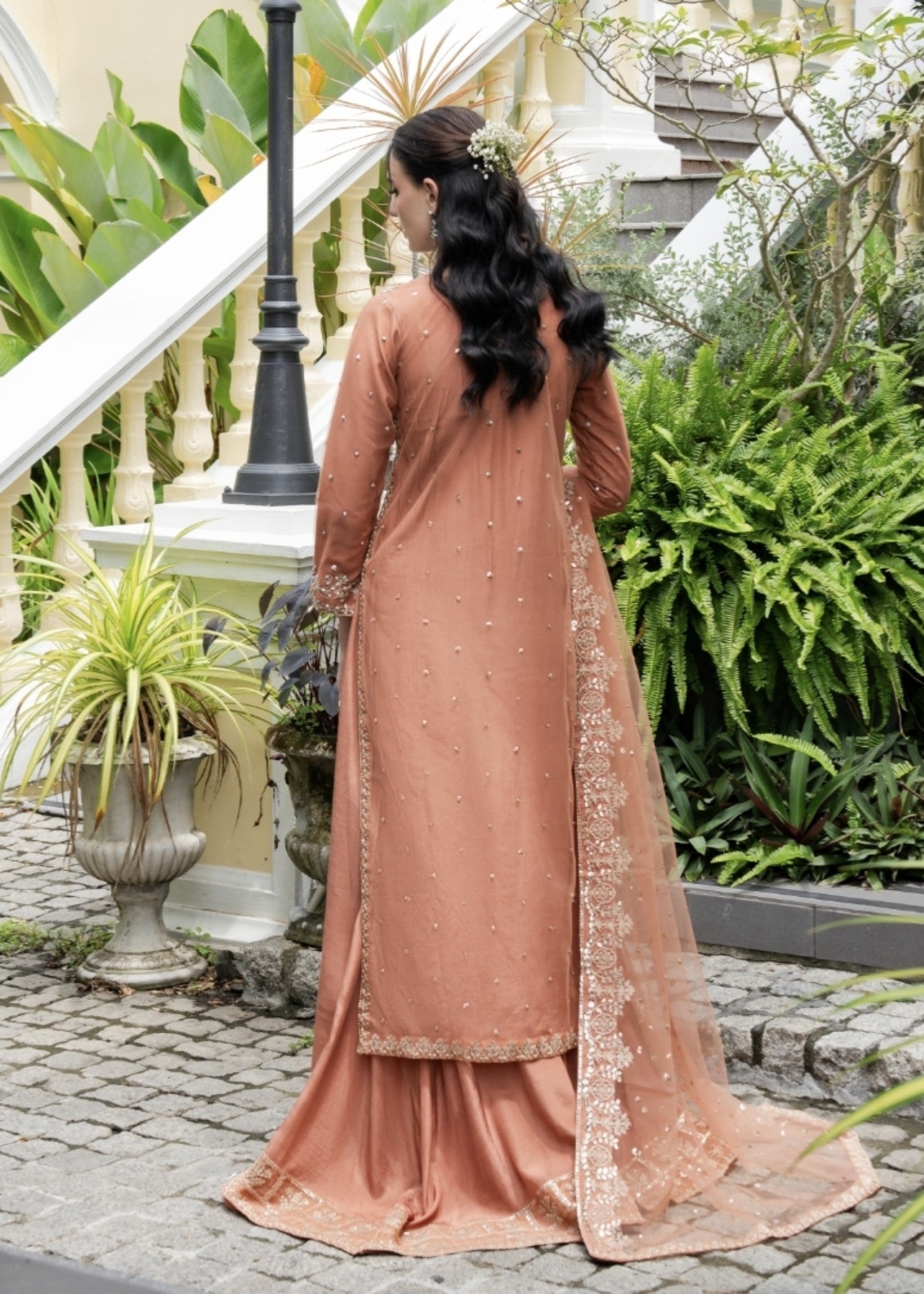 net Lehenga in Coral orange