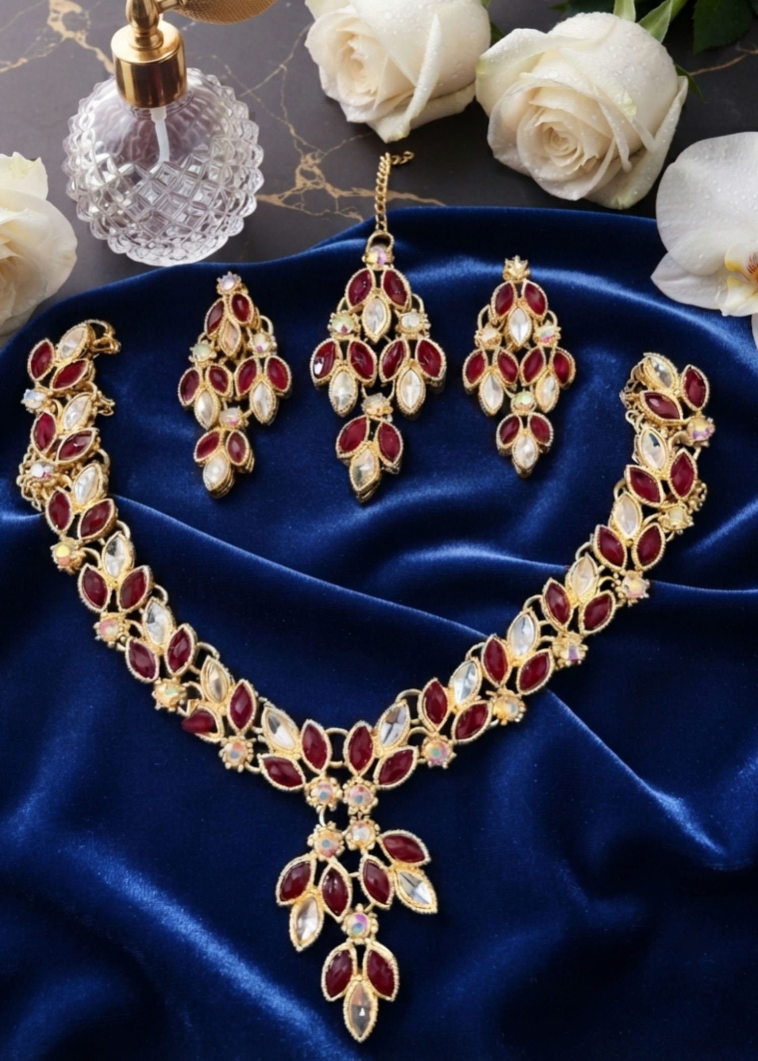 Jewelry Set in Pearl white, maroon Color by - Trendy Women Jewelry Set TJJ5185