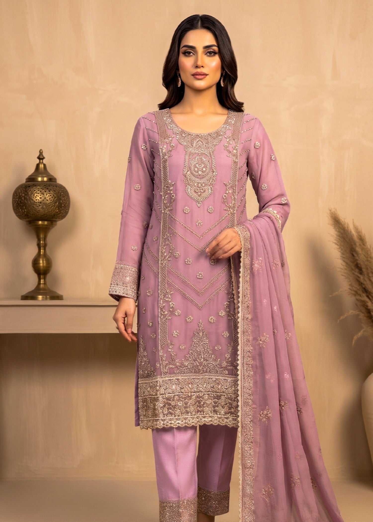 chiffon Kurta Set in Lavender