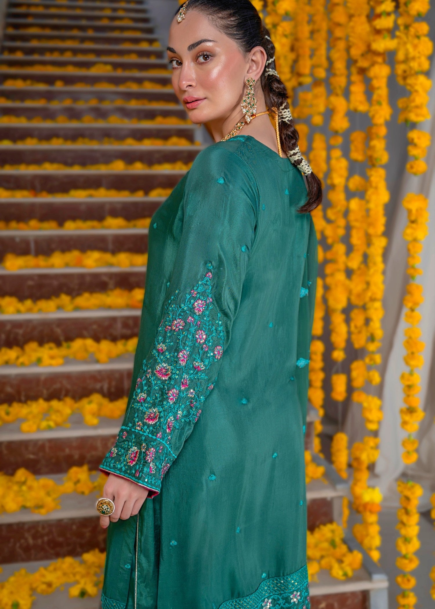 cotton silk Kurta Set in Dark green