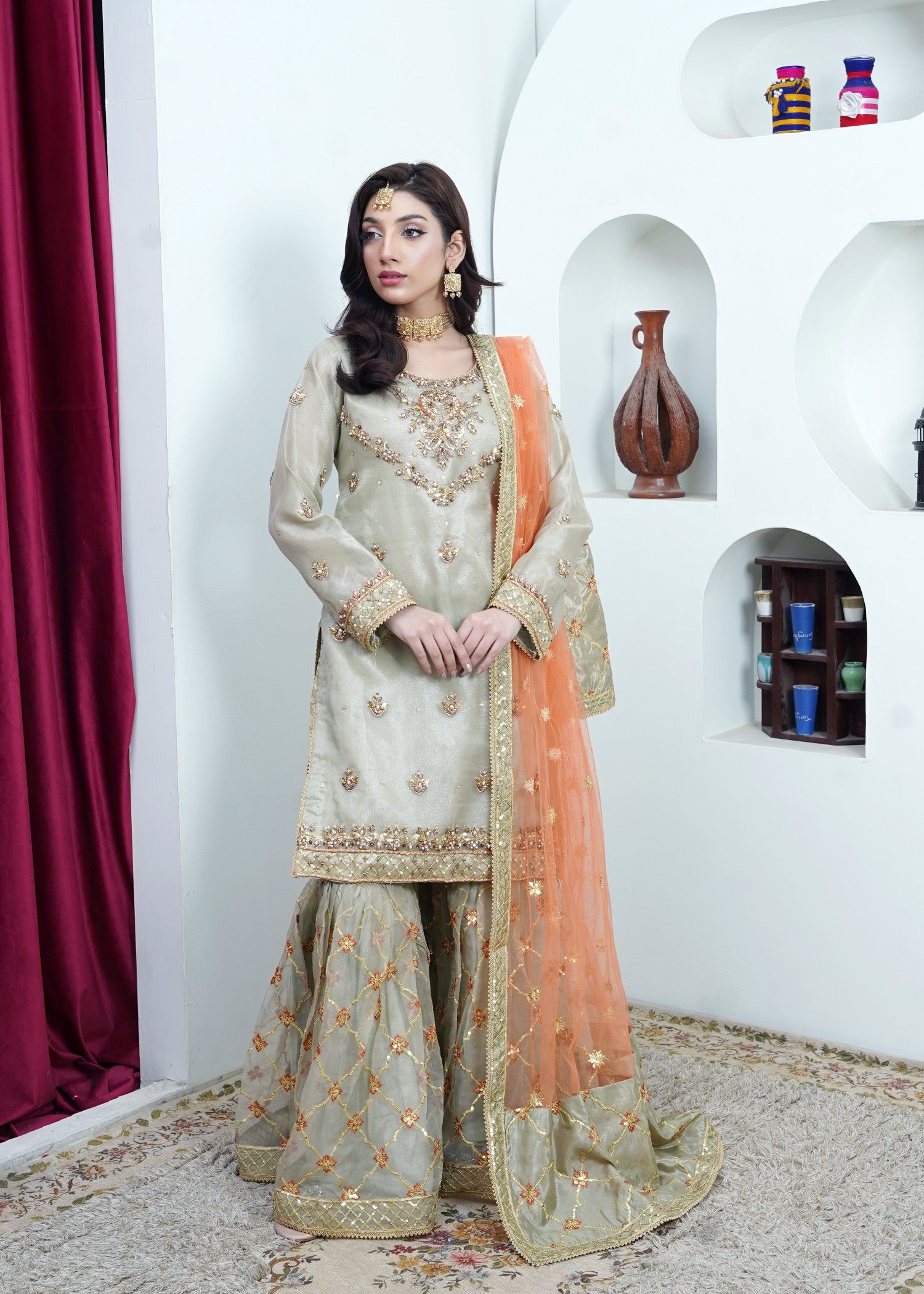 organza Gharara in Moss green