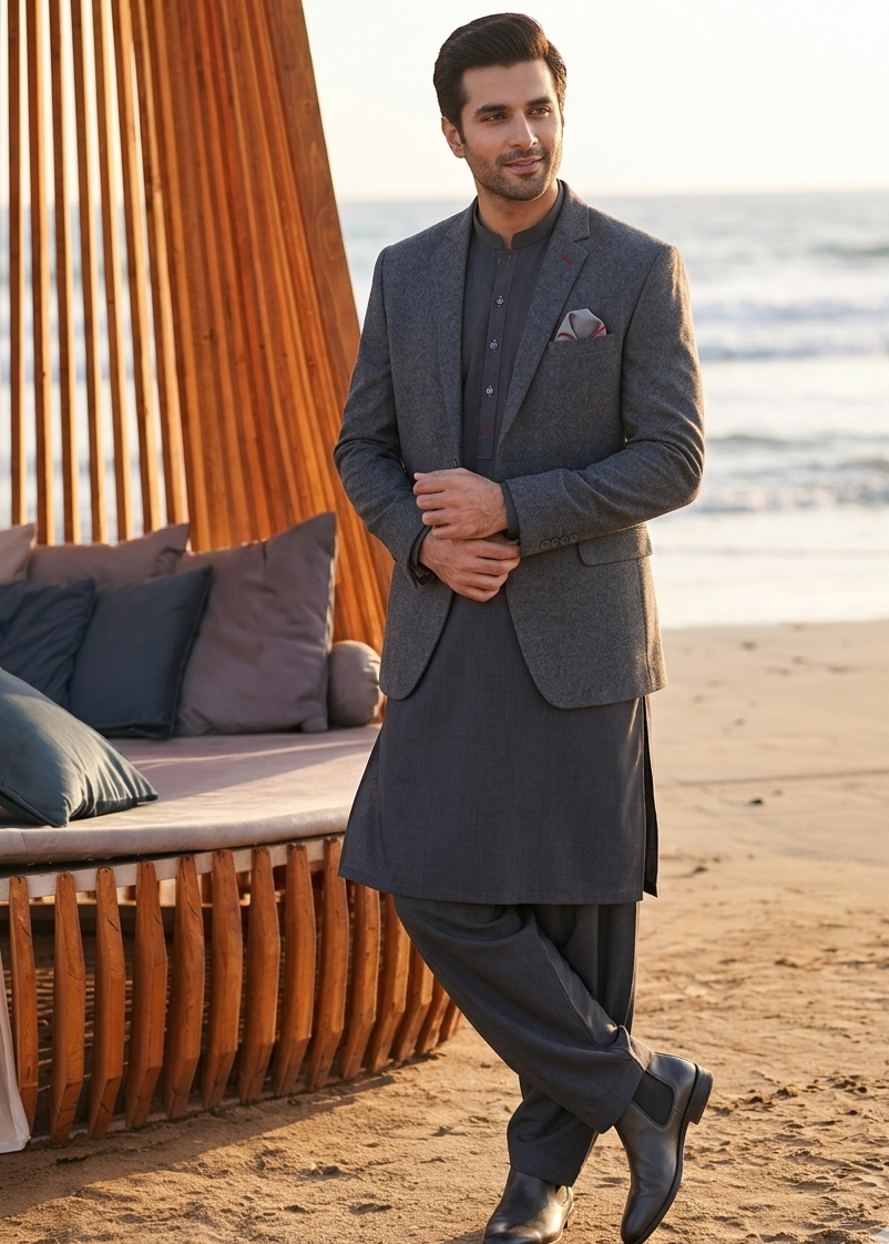 wool Blazer in Grey by Dulha Fashion House