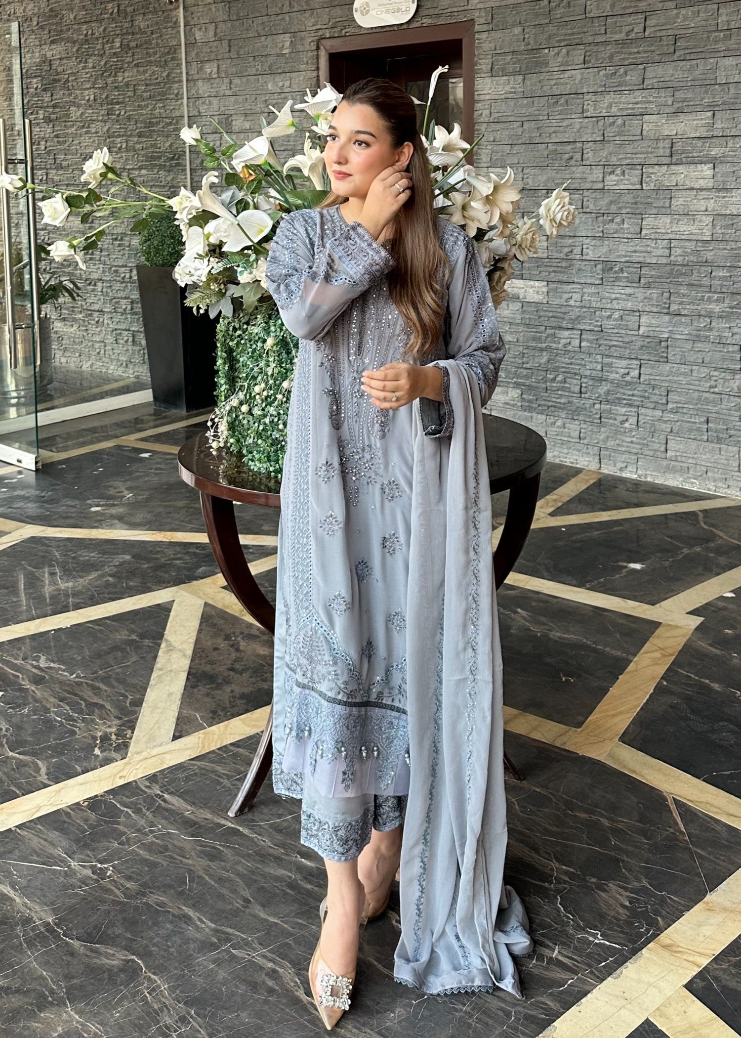 chiffon Kurta Set in Duck egg grey