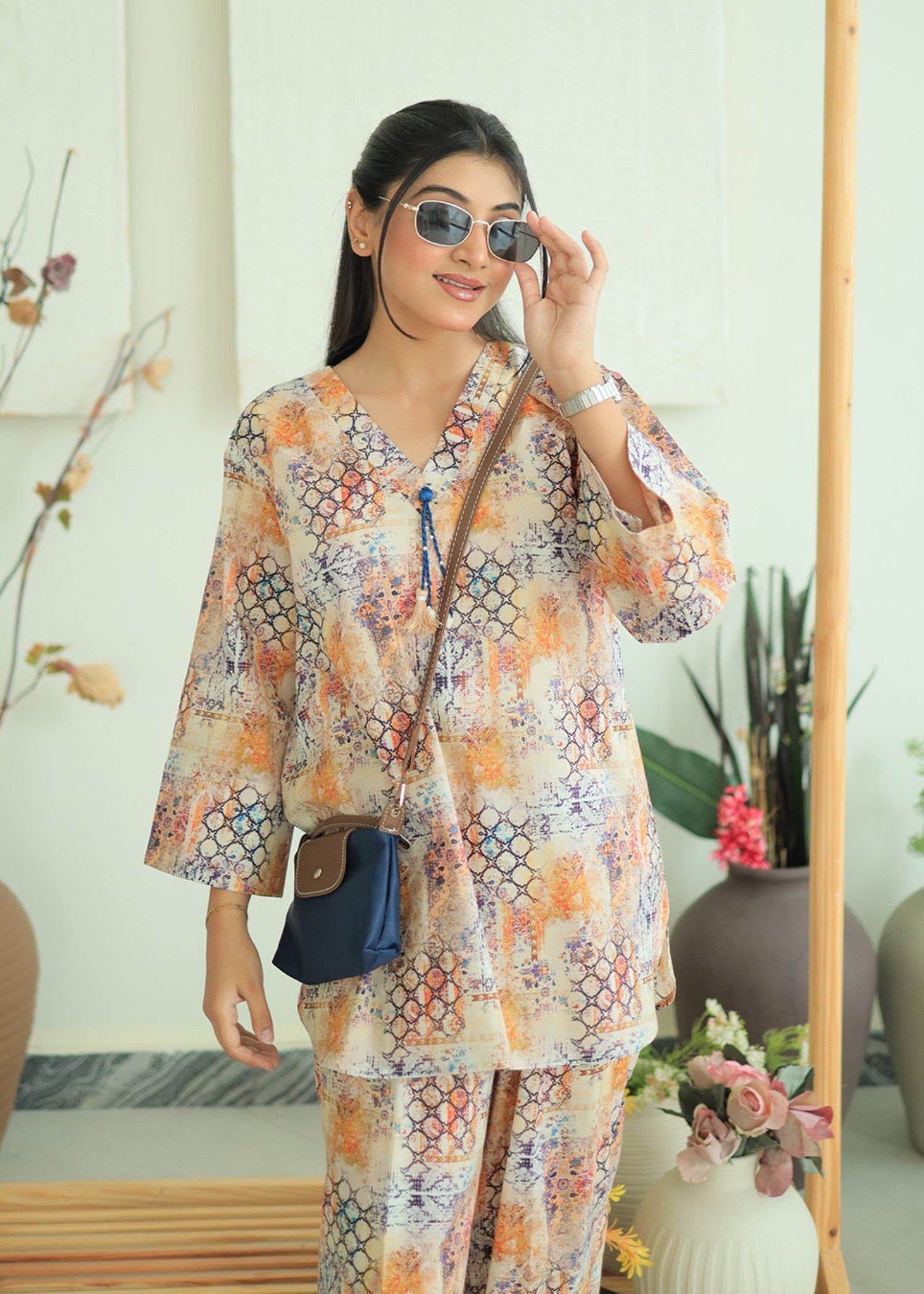 lawn Co ord Sets in Beige, navy blue