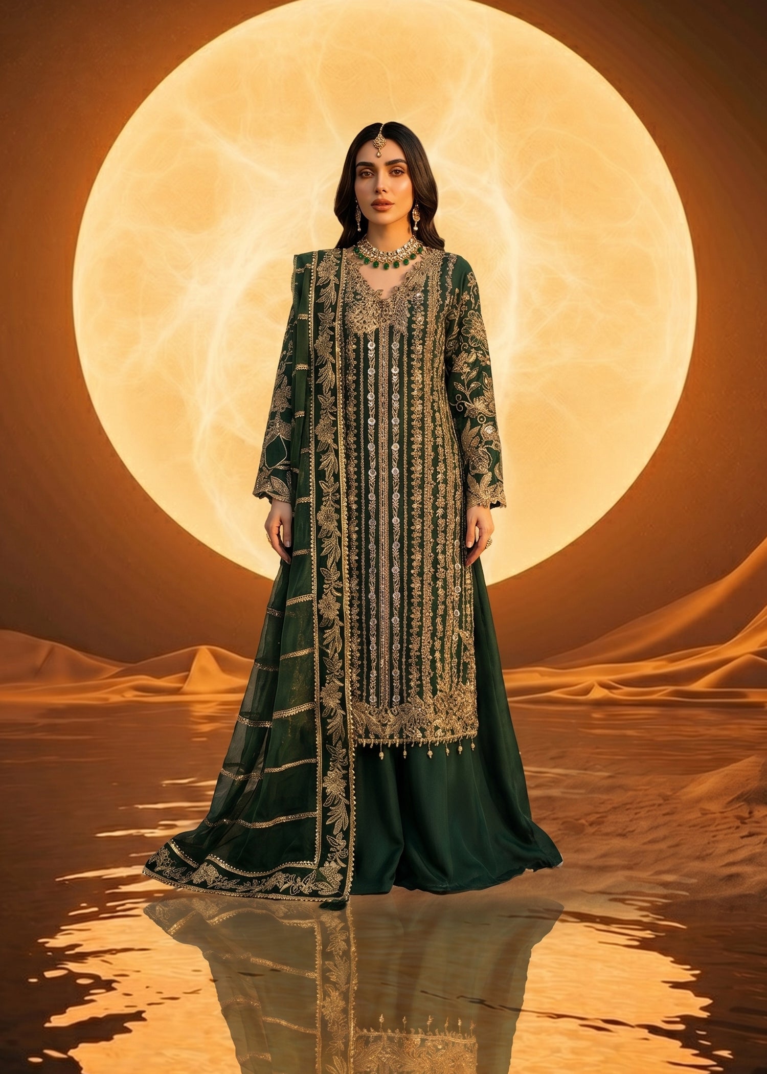 organza Lehenga in Bottle green