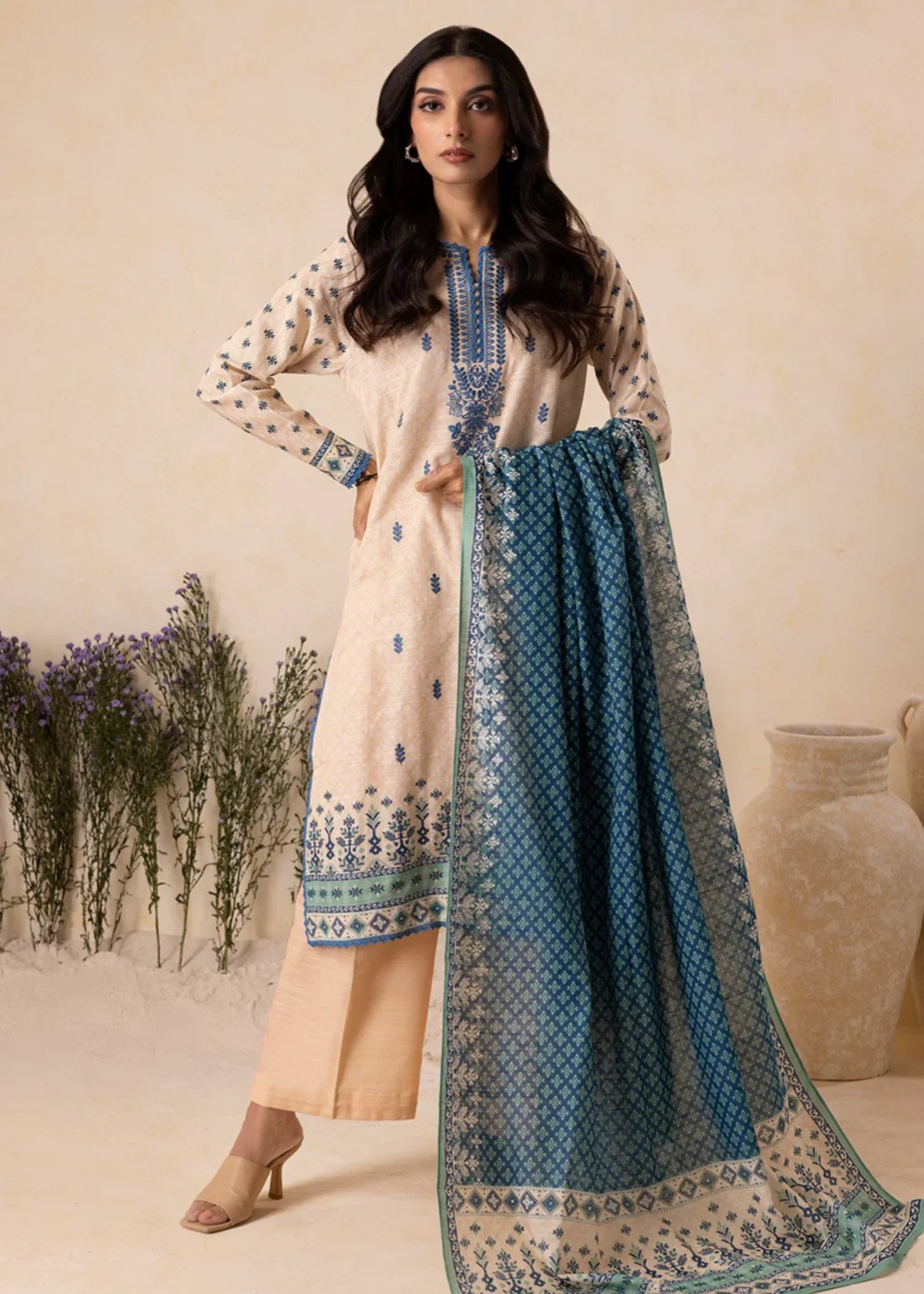 khaddar Unstitched in Peach orange