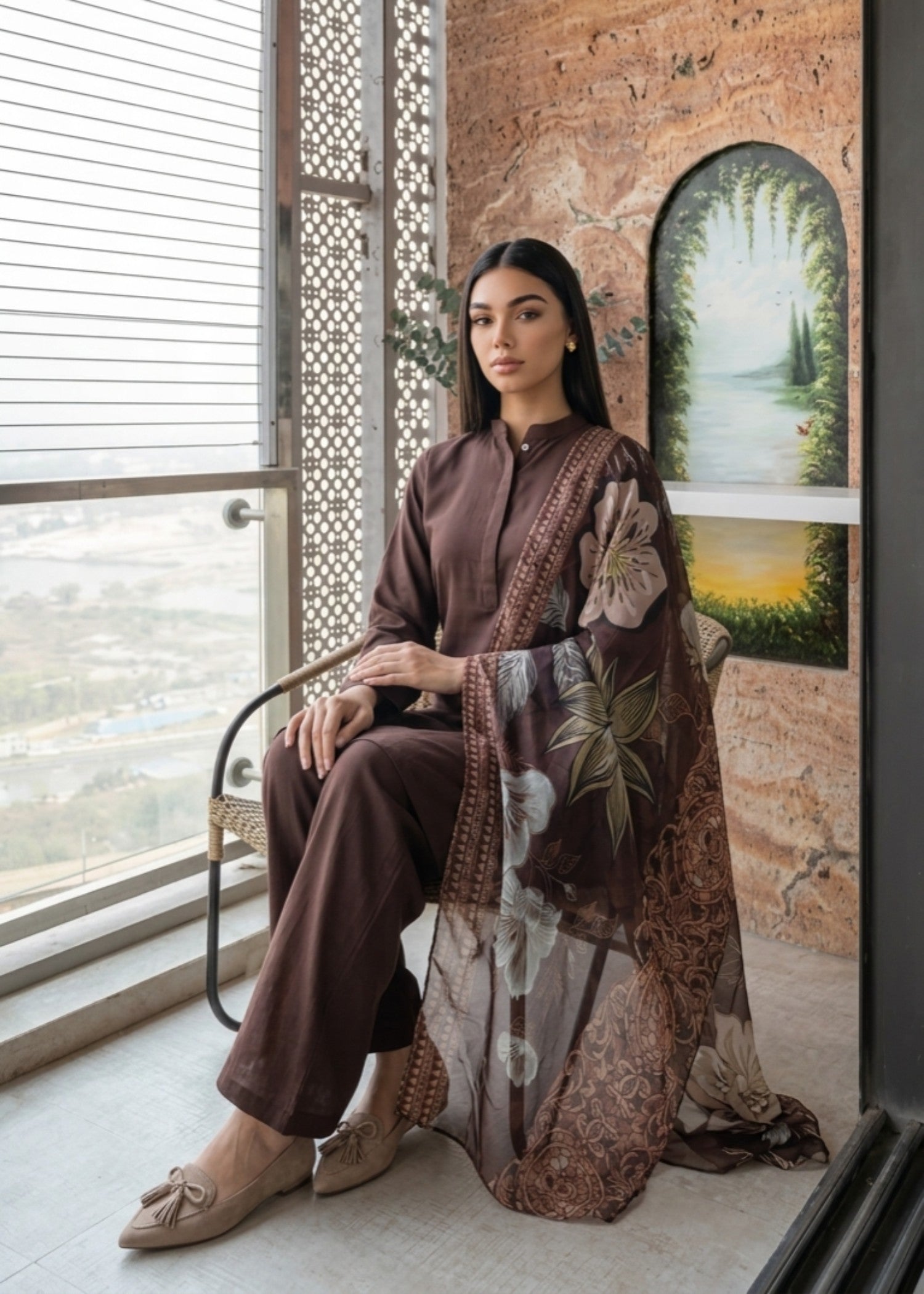 dhanak Kurta Set in Walnut brown