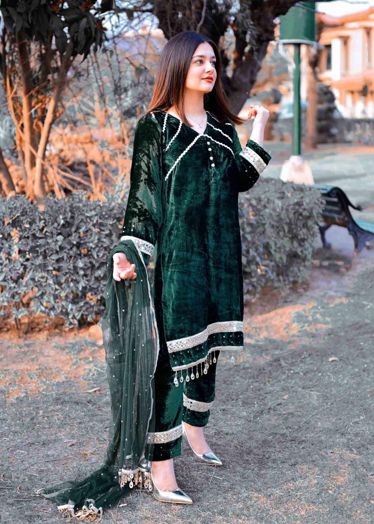 velvet Kurta Set in Emerald green