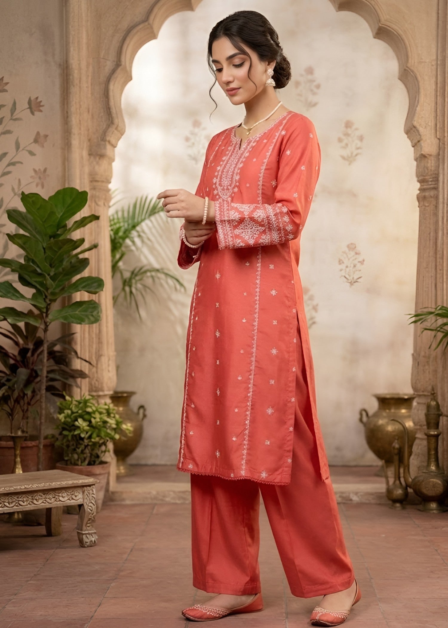 linen Kurta Set in Coral red