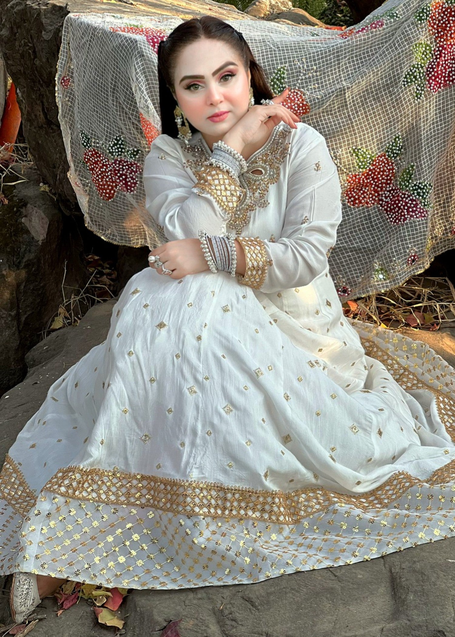 tussar silk Maxi in White
