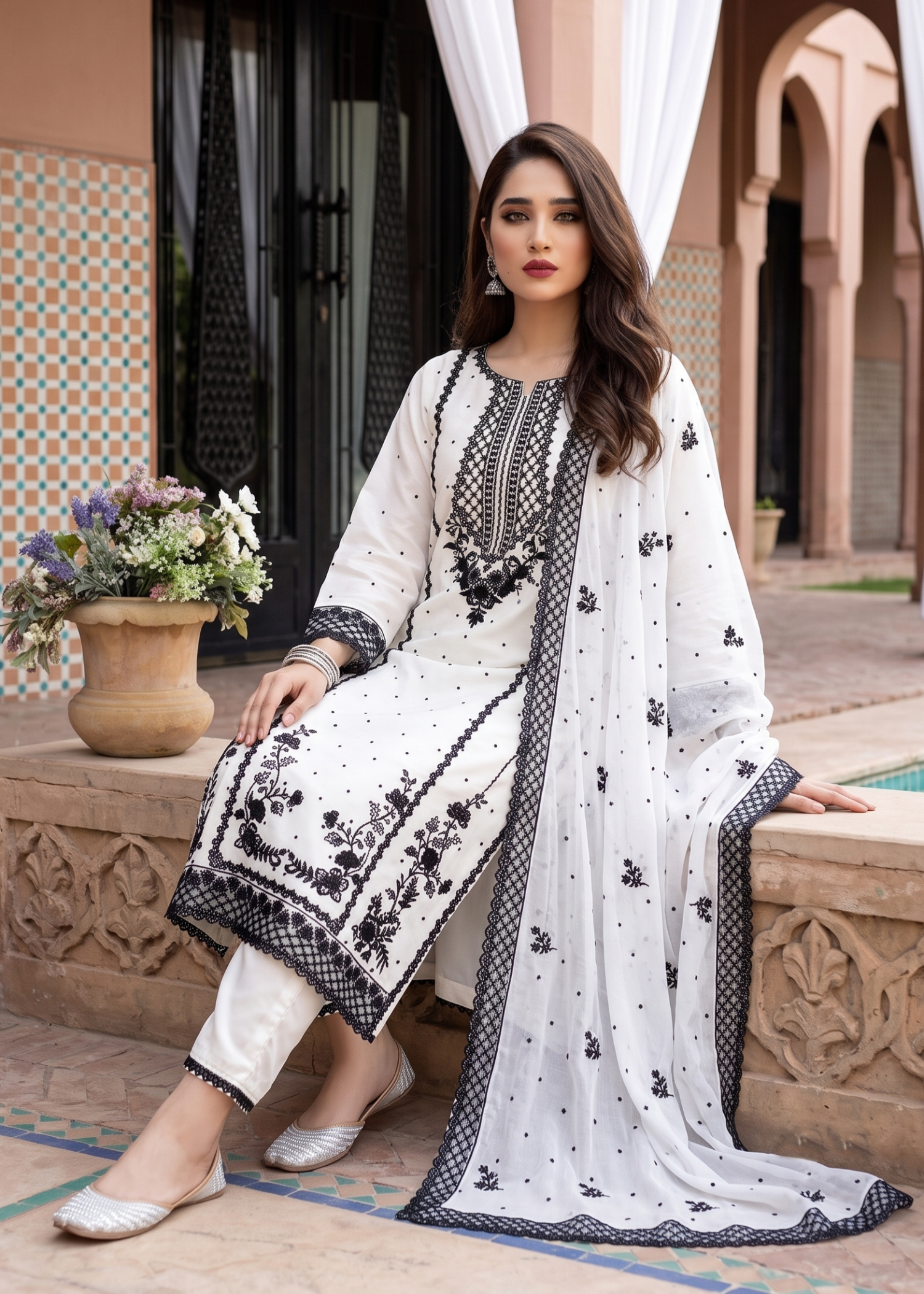 chiffon Kurta Set in White