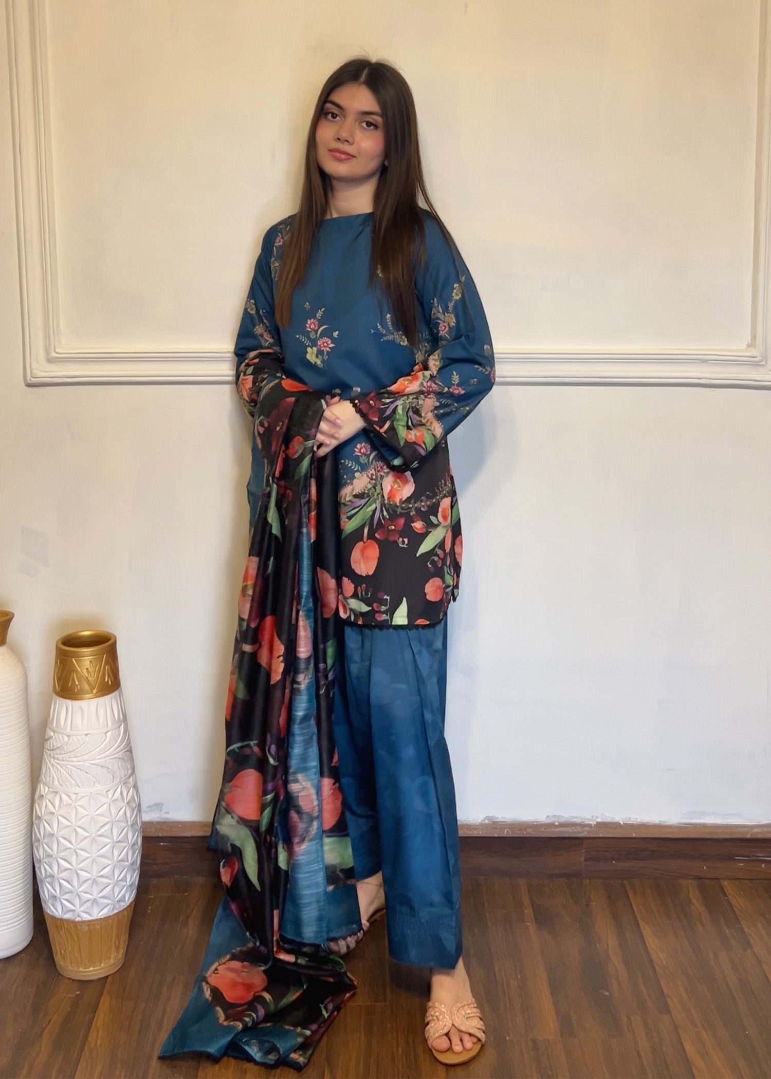 silk finish lawn Kurta Set in Steel teal