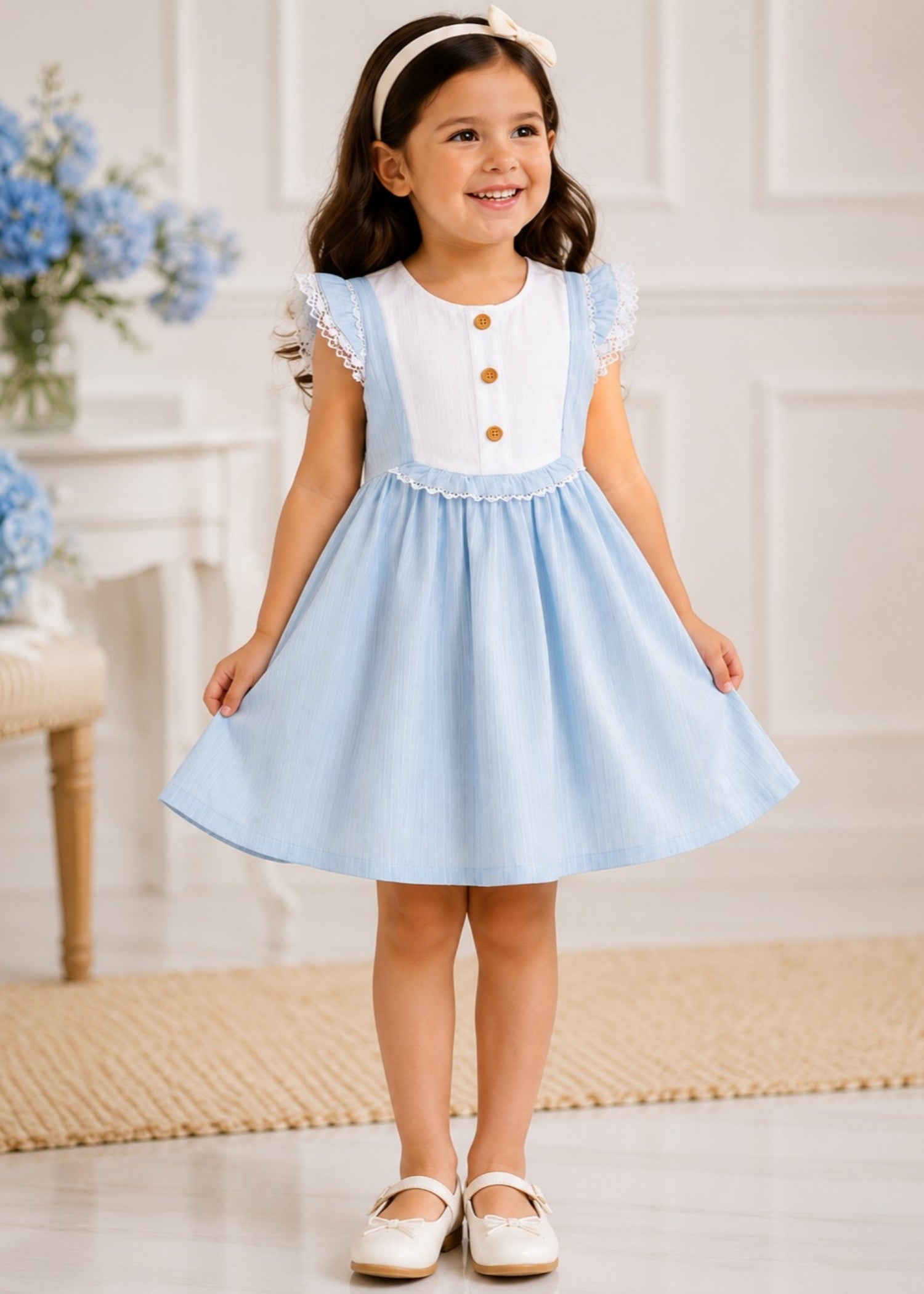 cotton Frock in Hazelwood brown, ice blue, white