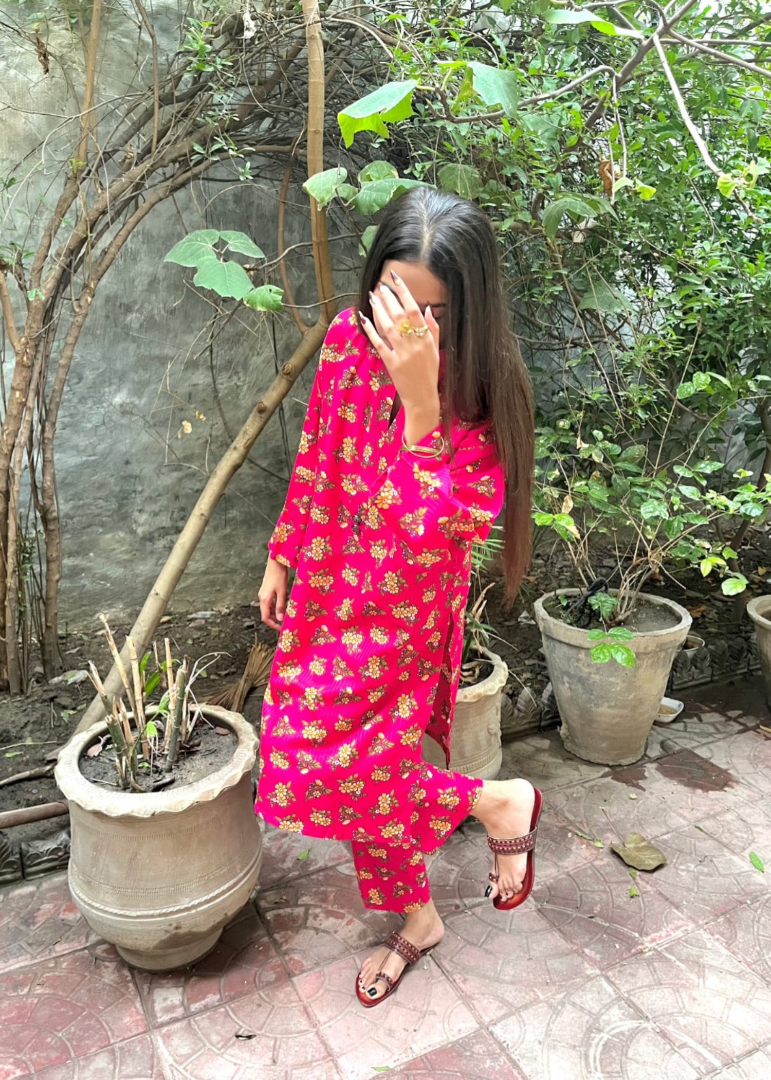 leno kara cotton Kurta Set in Deep pink