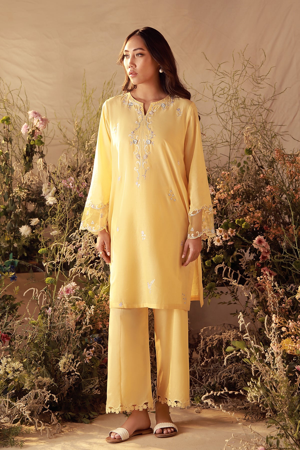 slub cambric Kurta Set in Yellow