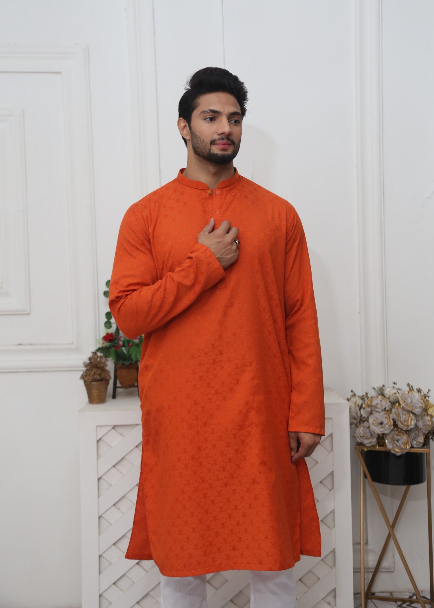 cotton jamawar Kurta in Rust orange