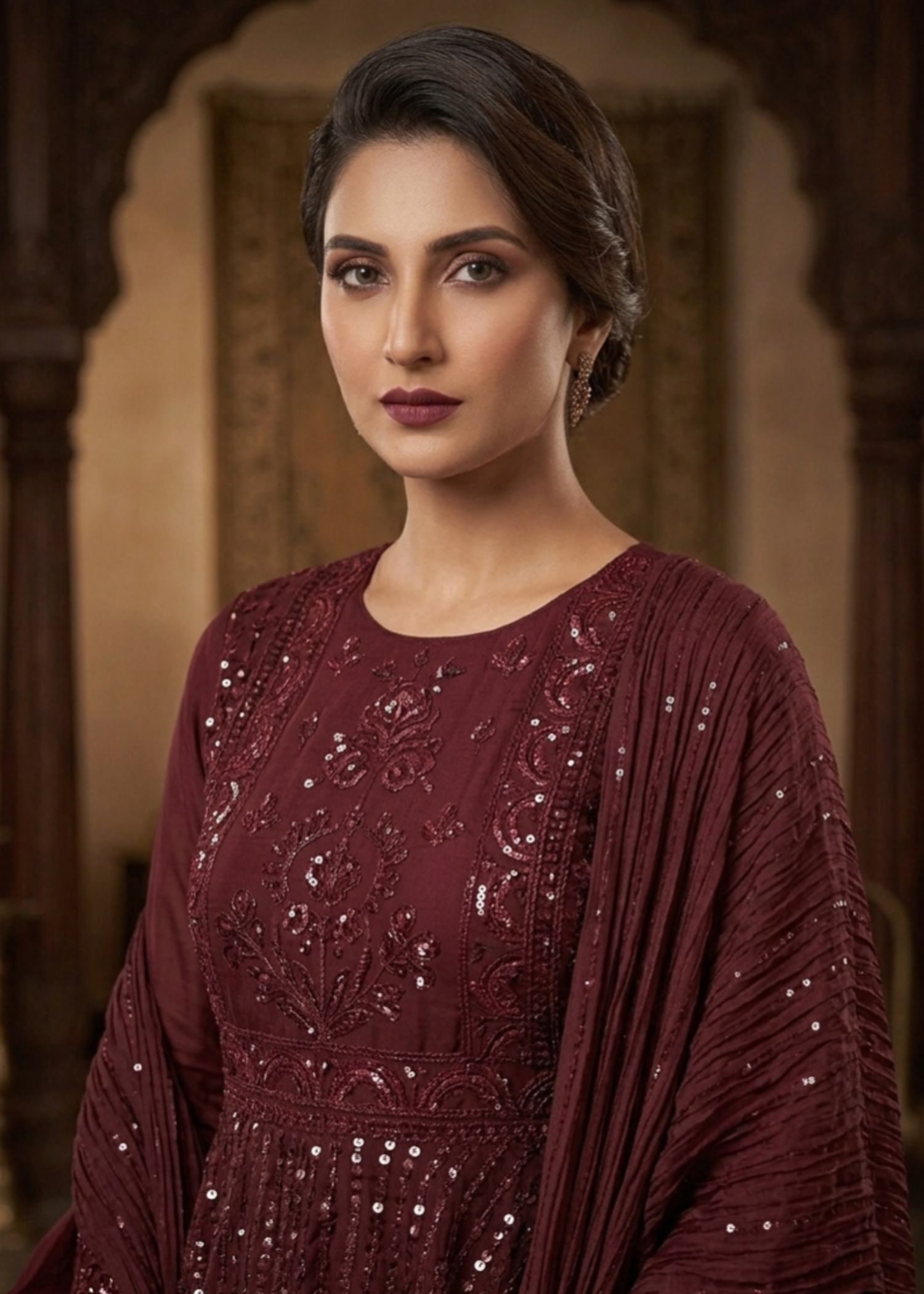 satin silk Short Frock in Maroon